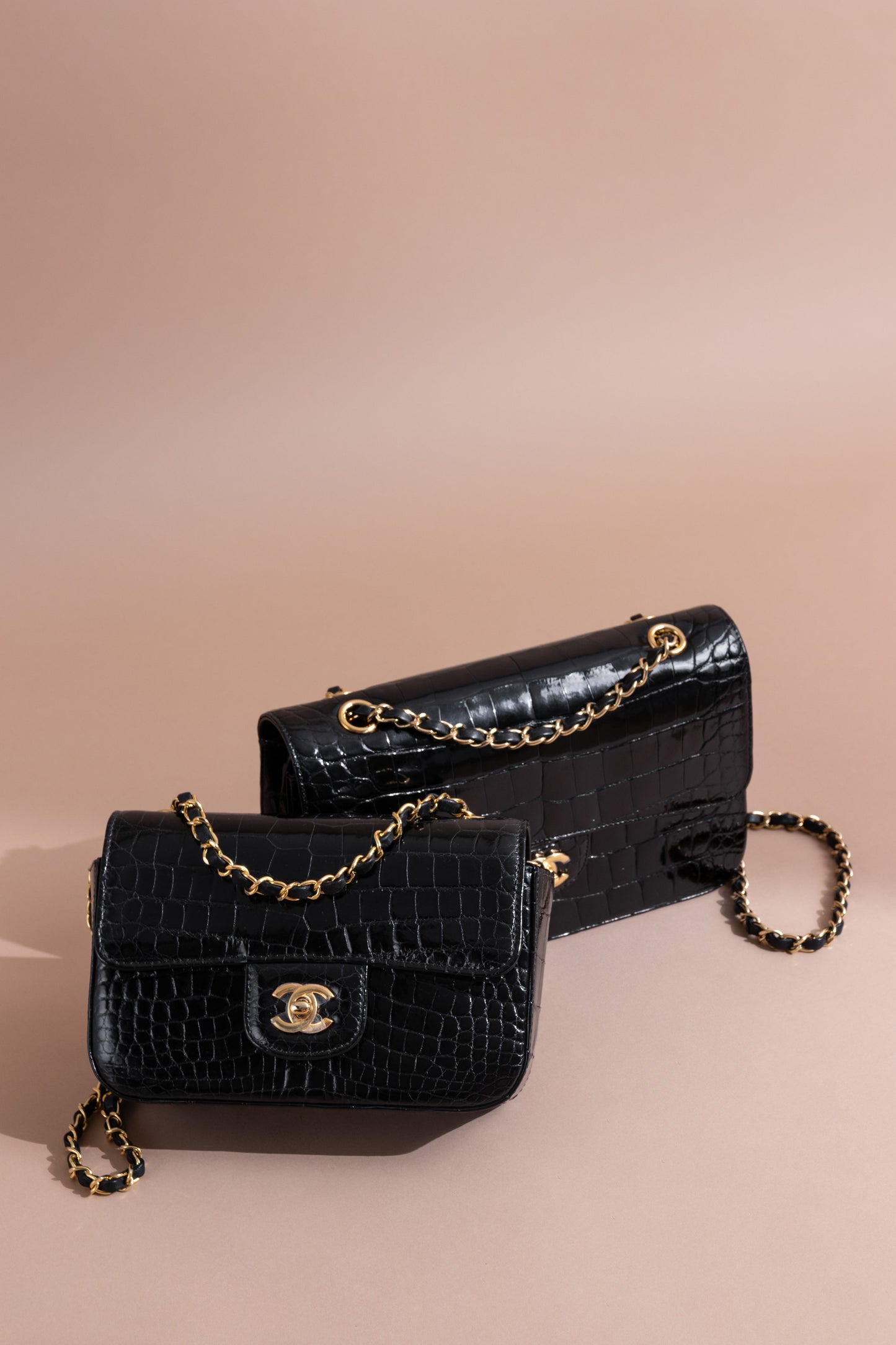 Chanel Classic Mini & Medium Flap Bags in Black Shiny Alligator