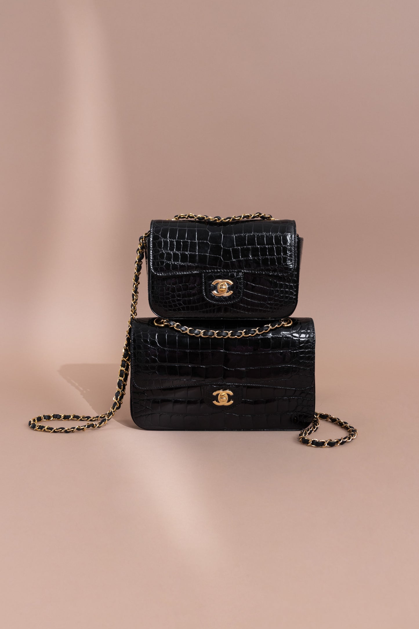 Chanel Classic Mini & Medium Flap Bags in Black Shiny Alligator
