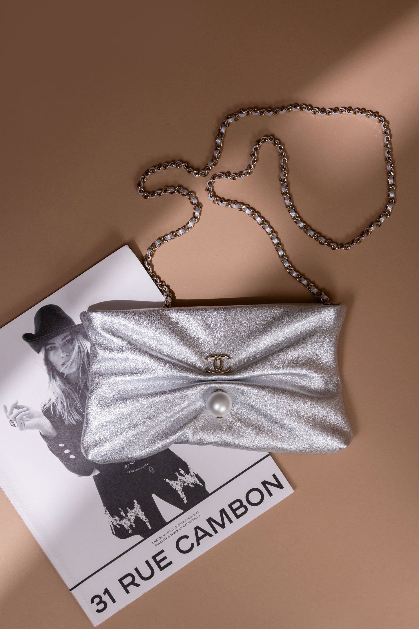 Chanel Silver Metallic Clutch With Chain & Hermès Karma 105 Sandals