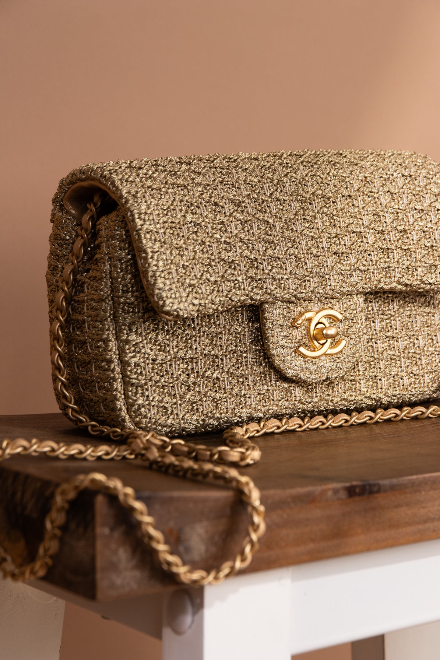 Chanel Mini Woven Flap Bag in Metallic Gold