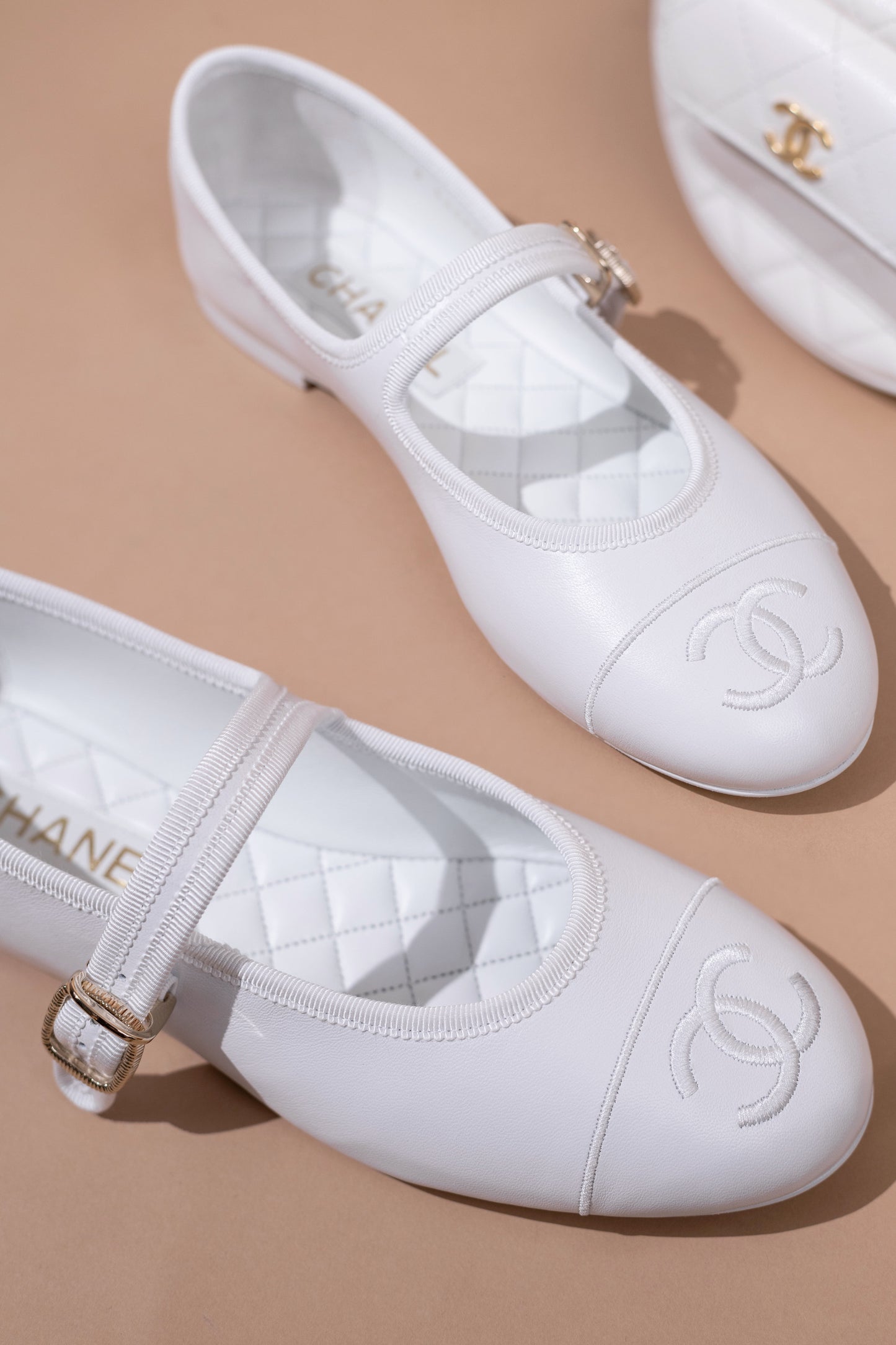 Chanel White Polly Pocket Pouch Hobo Caviar & White Flat Mary Janes