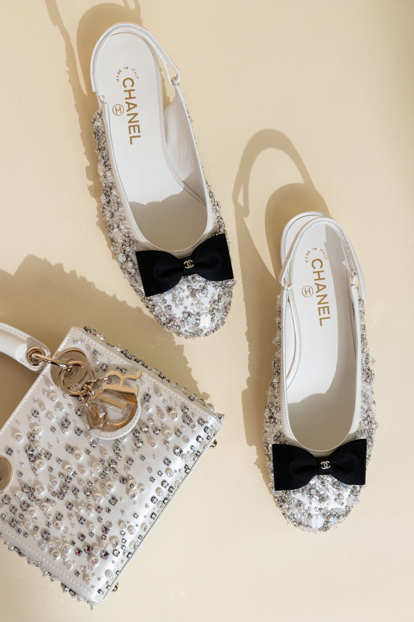 Dior Mini Lady Dior Bag in Latte Satin Embroidered with Beads & Chanel White/Black Bow Beaded Flats