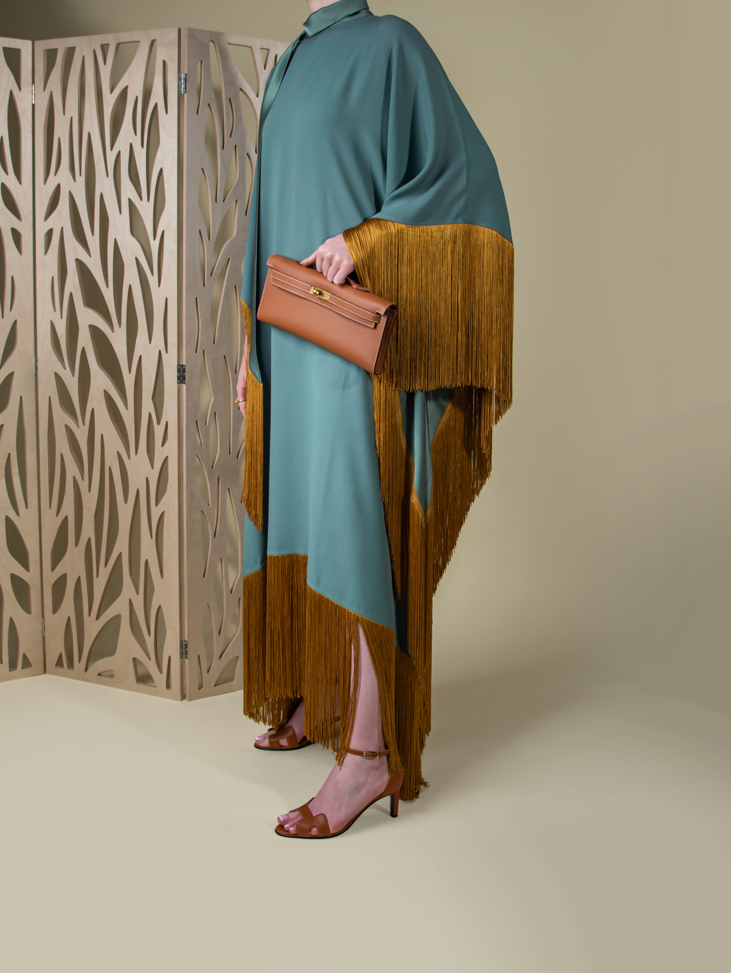 Taller Marmo Satin Kaftan in Sage Green with Hermès Kelly Cut Gold
