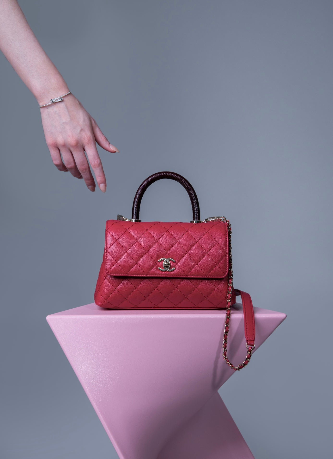 Chanel Coco Handle Caviar Raspberry with Embossed Lizard Handle