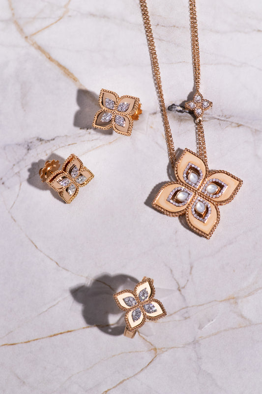 Roberto Coin Princess Flower Necklace and Earrings in Pearl & Rose Gold