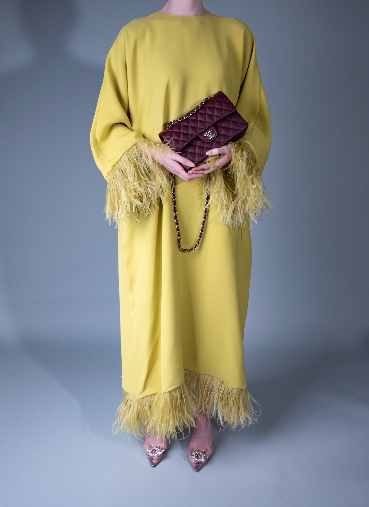 Valentino Feather Embellished Shift Dress with Chanel Small Flap Bag in Caviar Burgundy