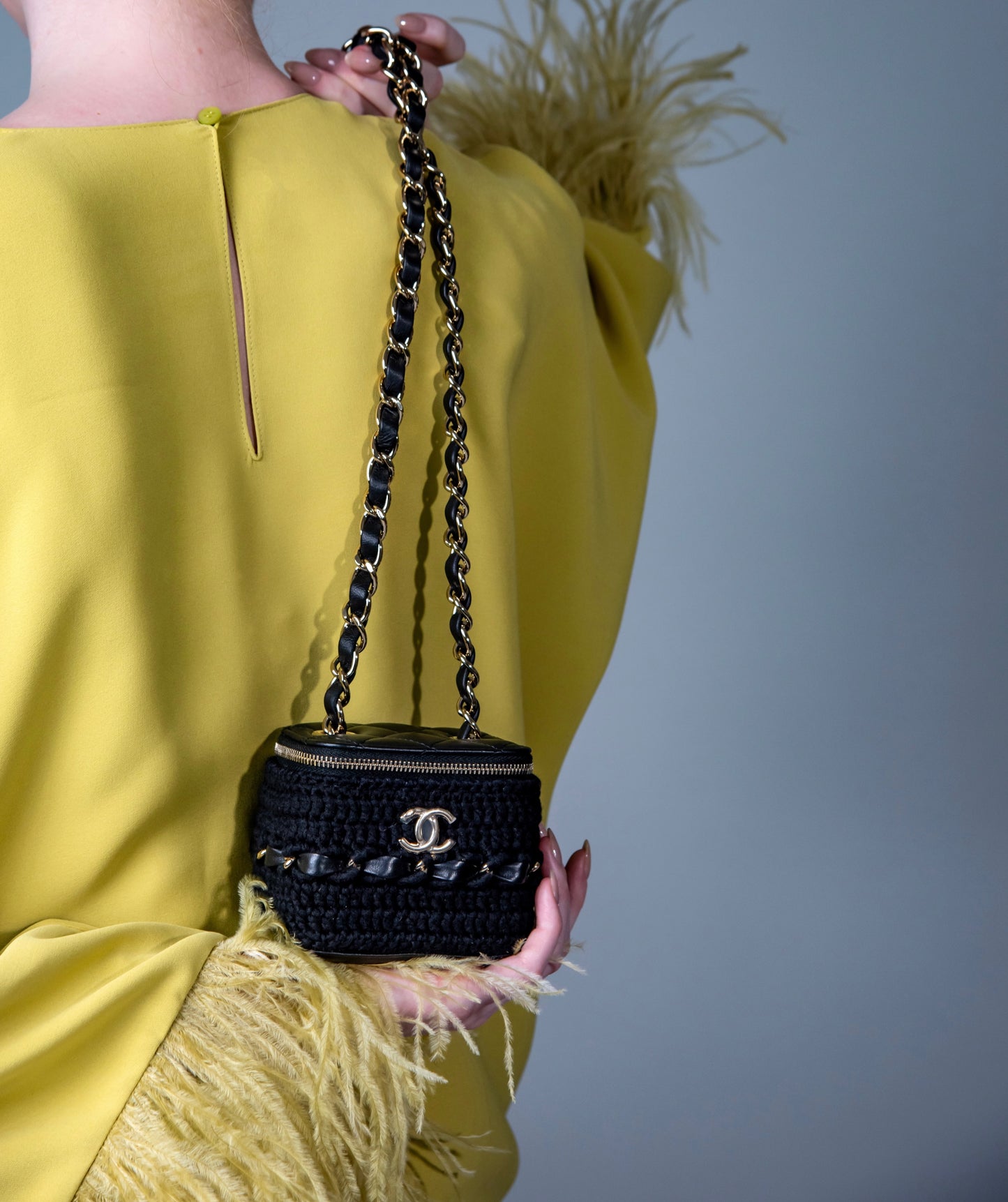 Chanel Small Lambskin/Crochet Vanity with Gold-Tone Metal Black Chain