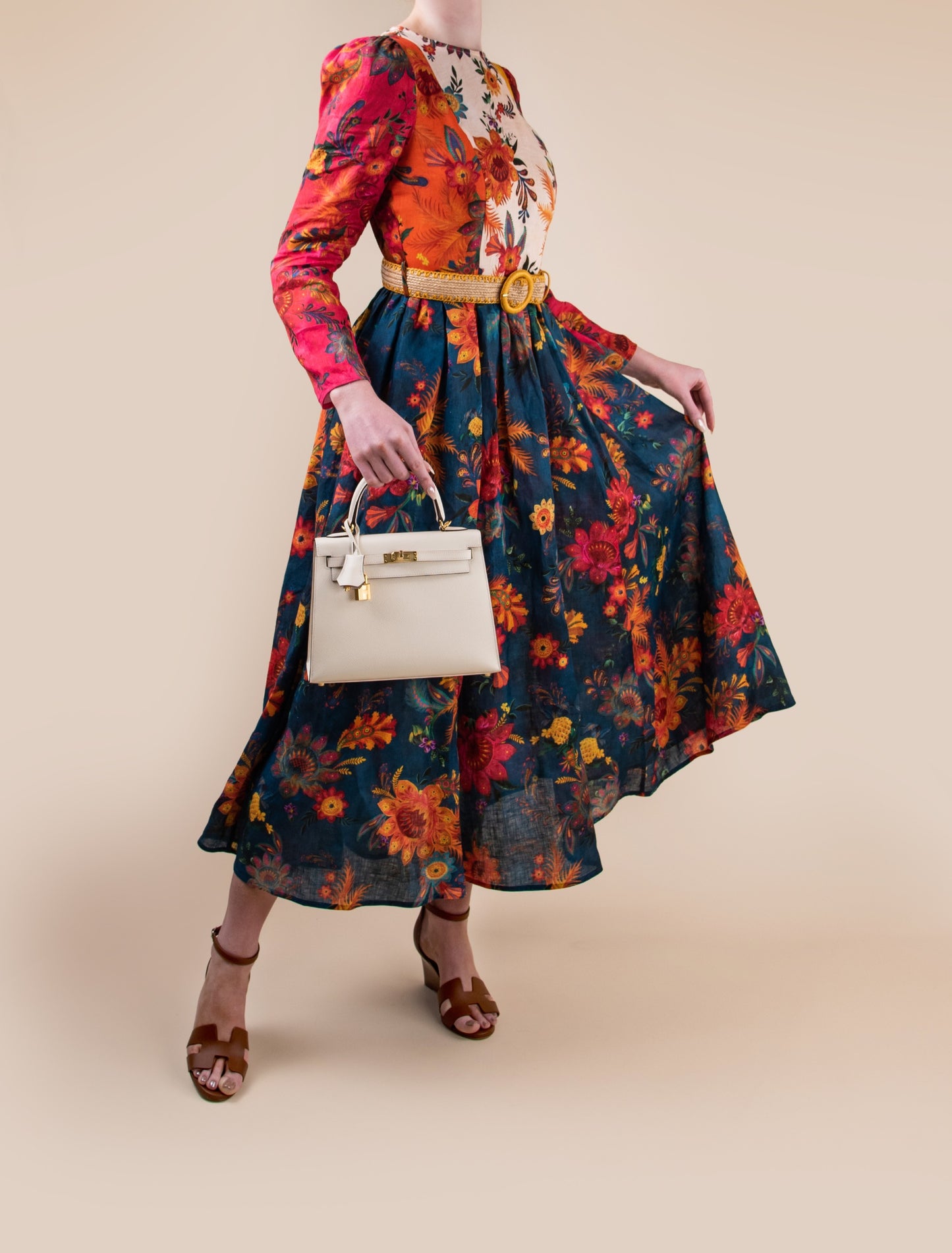 Hermès Kelly 25 in Nata GHW with Zimmermann Ginger Long Sleeve Midi Dress in Spliced