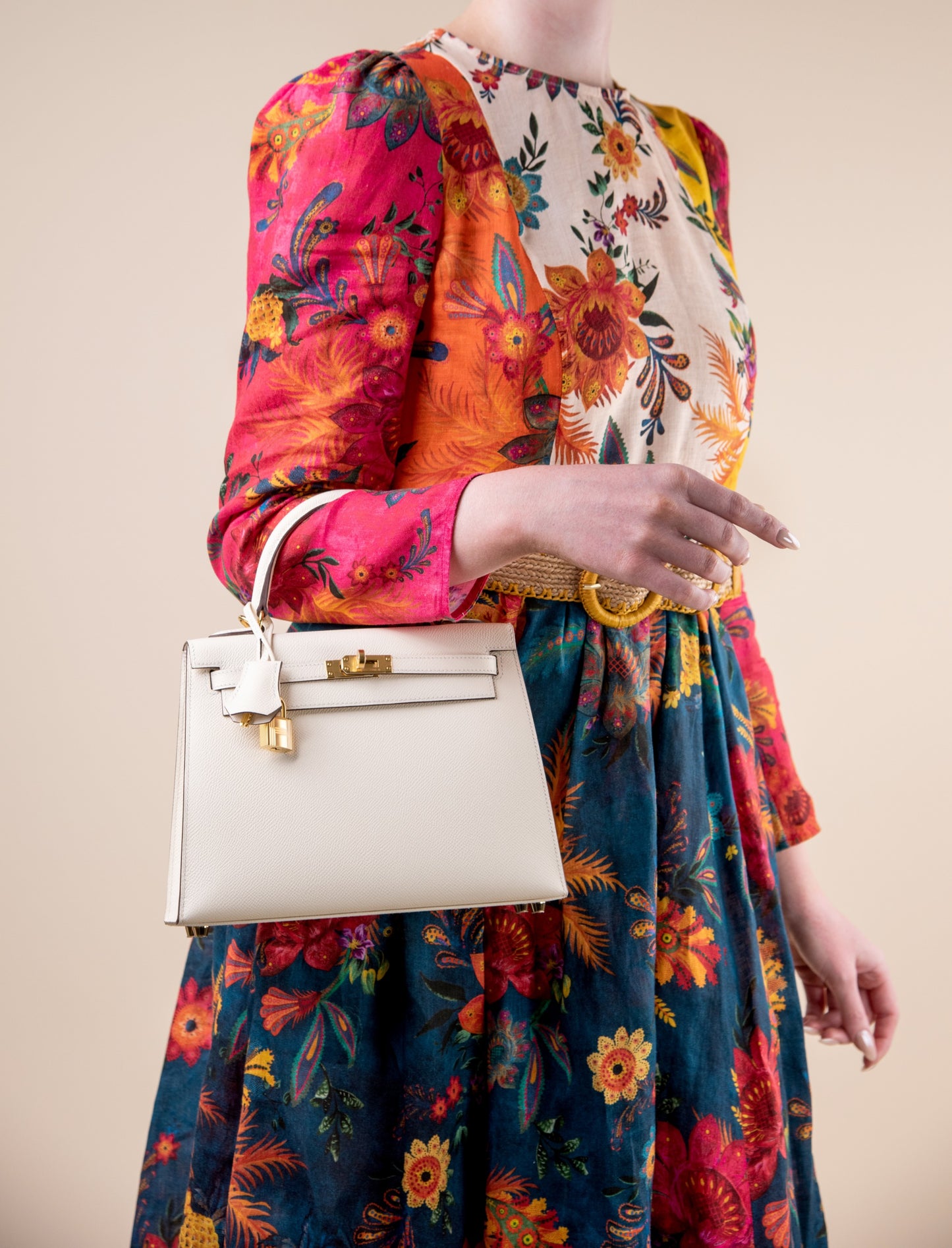 Hermès Kelly 25 in Nata GHW with Zimmermann Ginger Long Sleeve Midi Dress in Spliced