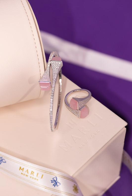 Marli Cleo Bangle & Ring in White Gold Diamond/Pink Quartzite
