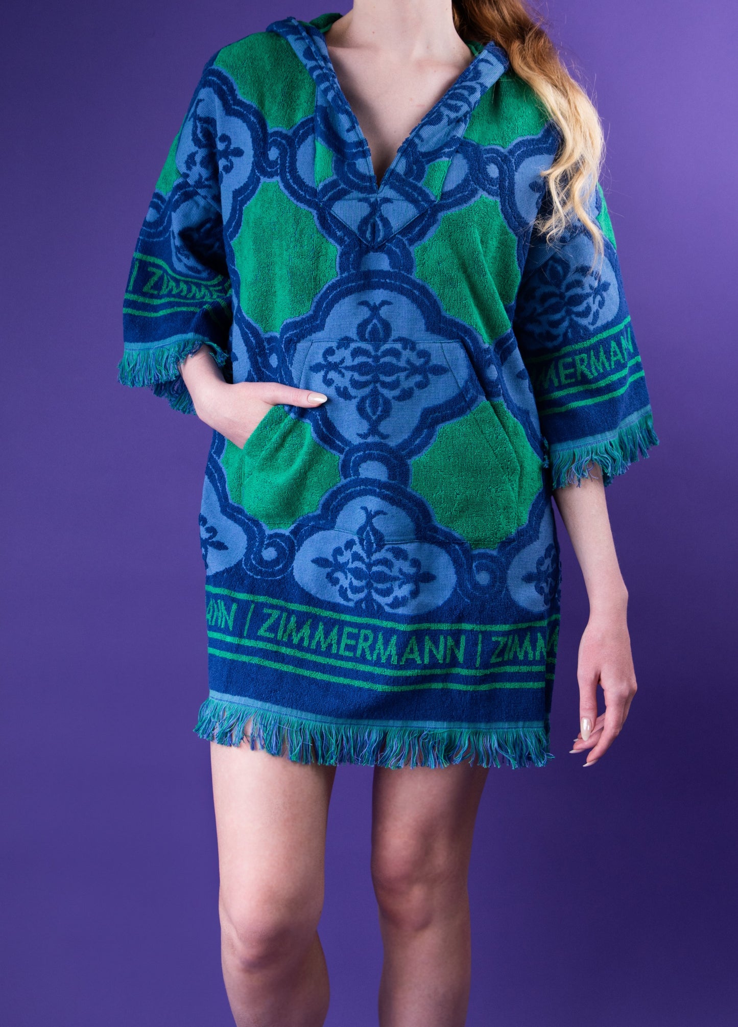Zimmermann Fringed Hooded Cotton-Terry Jacquard Coverup in Blue/Green