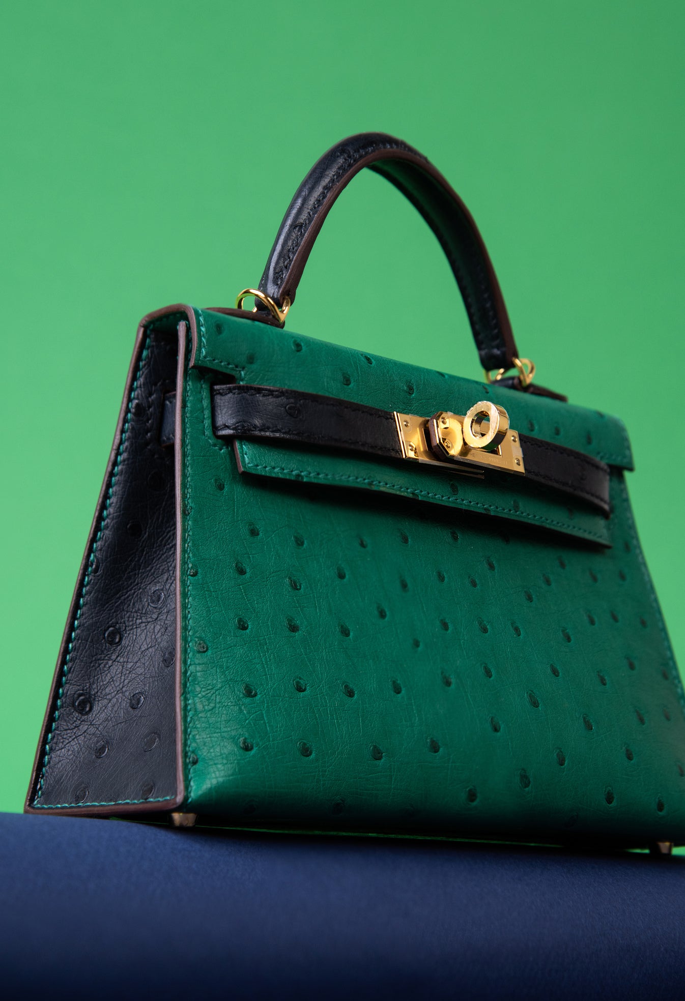 هيرميس HSS Mini Kelly 20 Ostrich Vert Vertigo/Blue Iris GHW