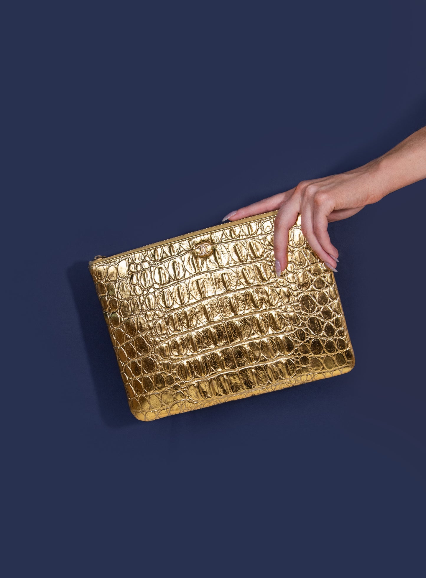 Chanel - Gold Crocodile Print Large Pouch Sleeve