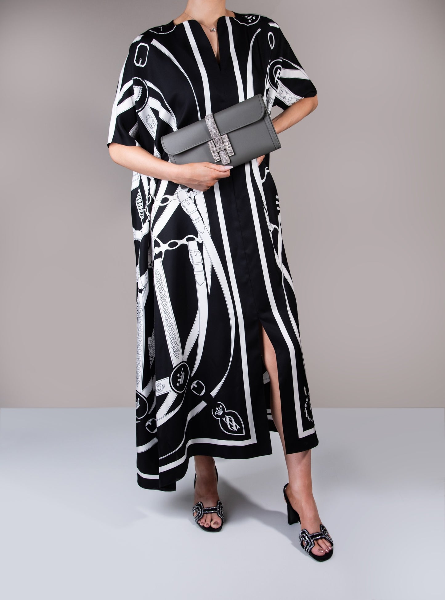 Hermès - Black & White Caftan Dress with Jige Lizard Touch Clutch in Gris Meyer/Ombre