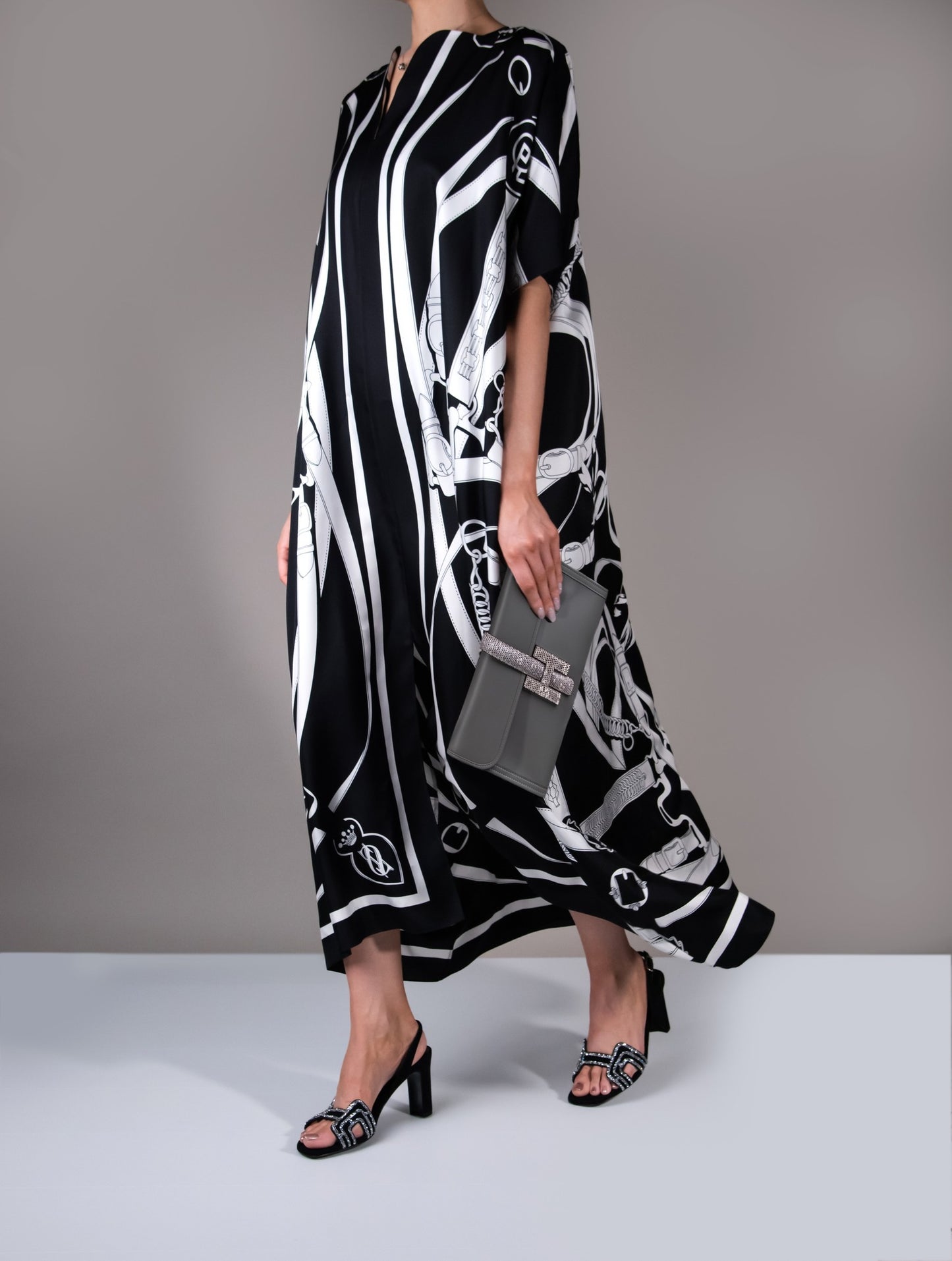Hermès - Black & White Caftan Dress with Jige Lizard Touch Clutch in Gris Meyer/Ombre