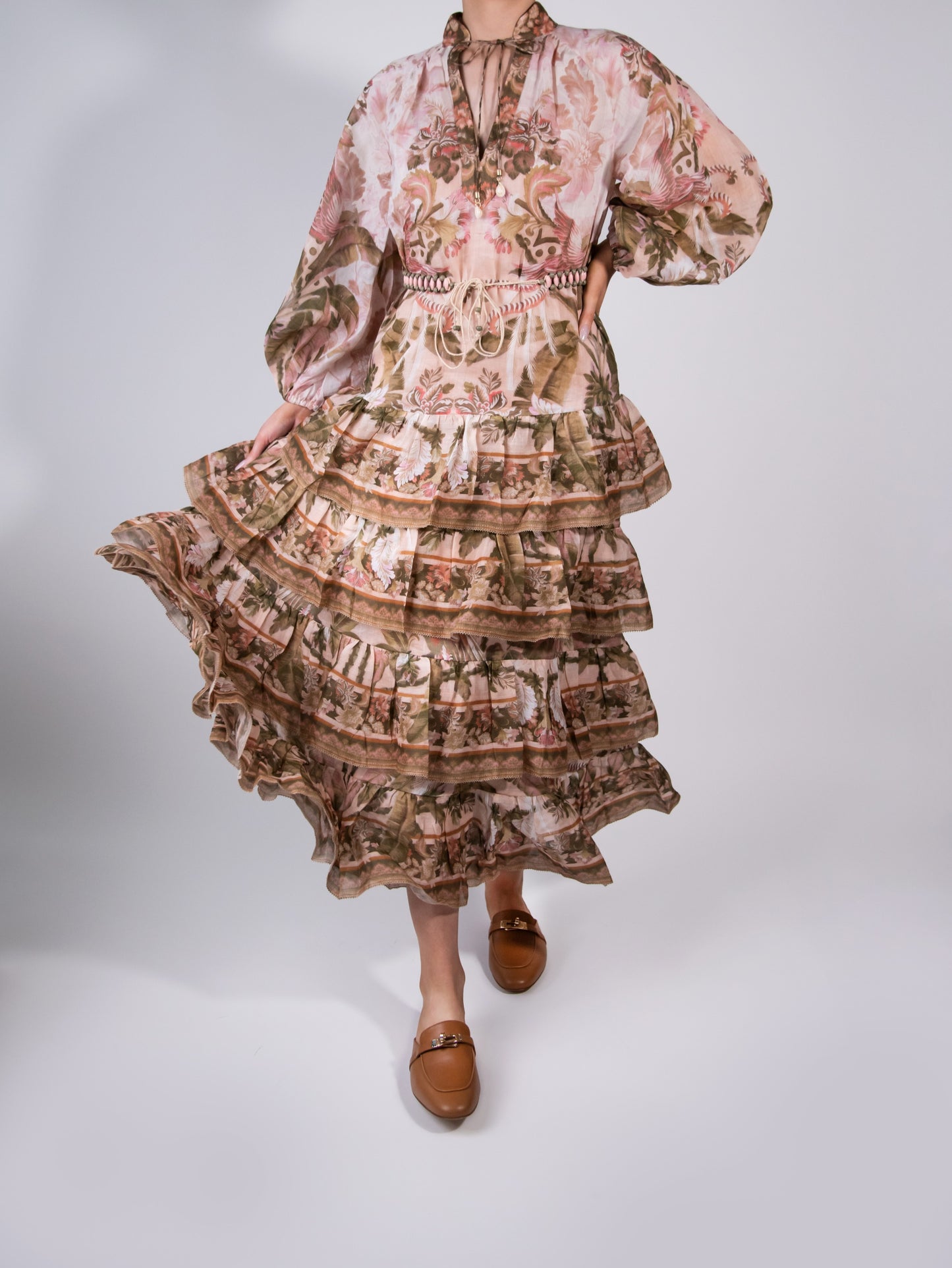 Zimmermann Lyre Tiered Billow Midi Dress with Hermès Gold Oz Mules