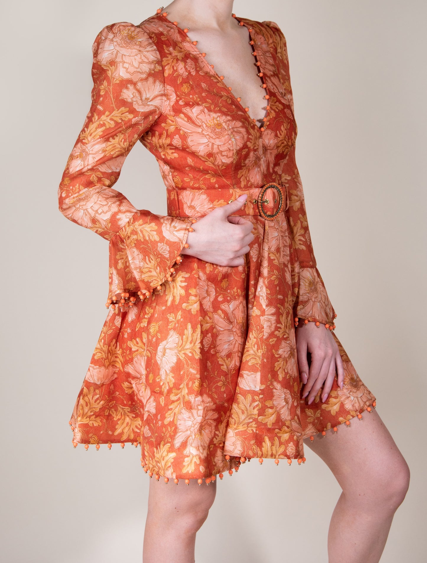 Zimmermann Kaleidoscope Mini Dress Amber Floral with Hermès Shearling Orans in Orange