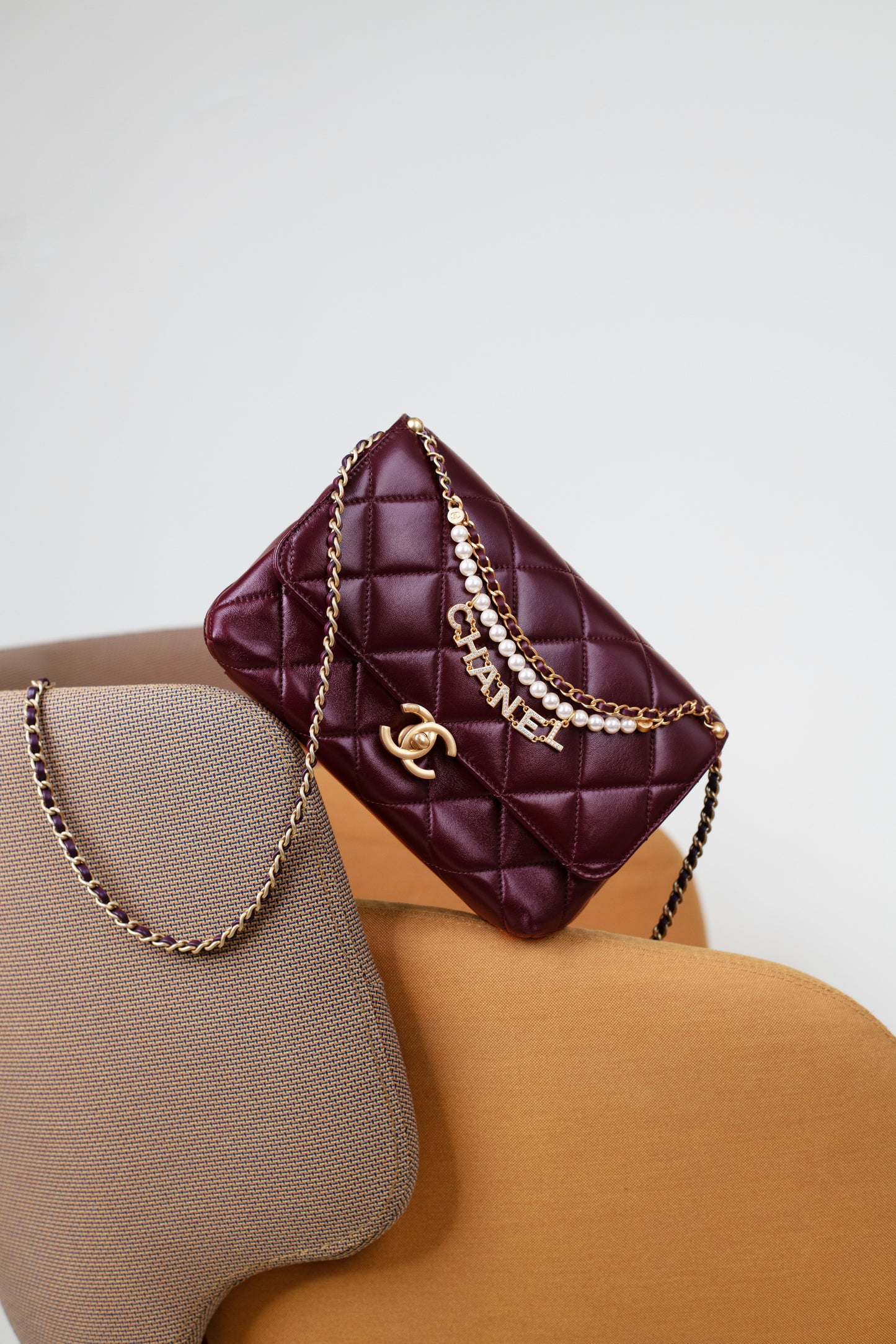Chanel Medium Burgundy Flap Bag with 'Chanel' Pearl Chain