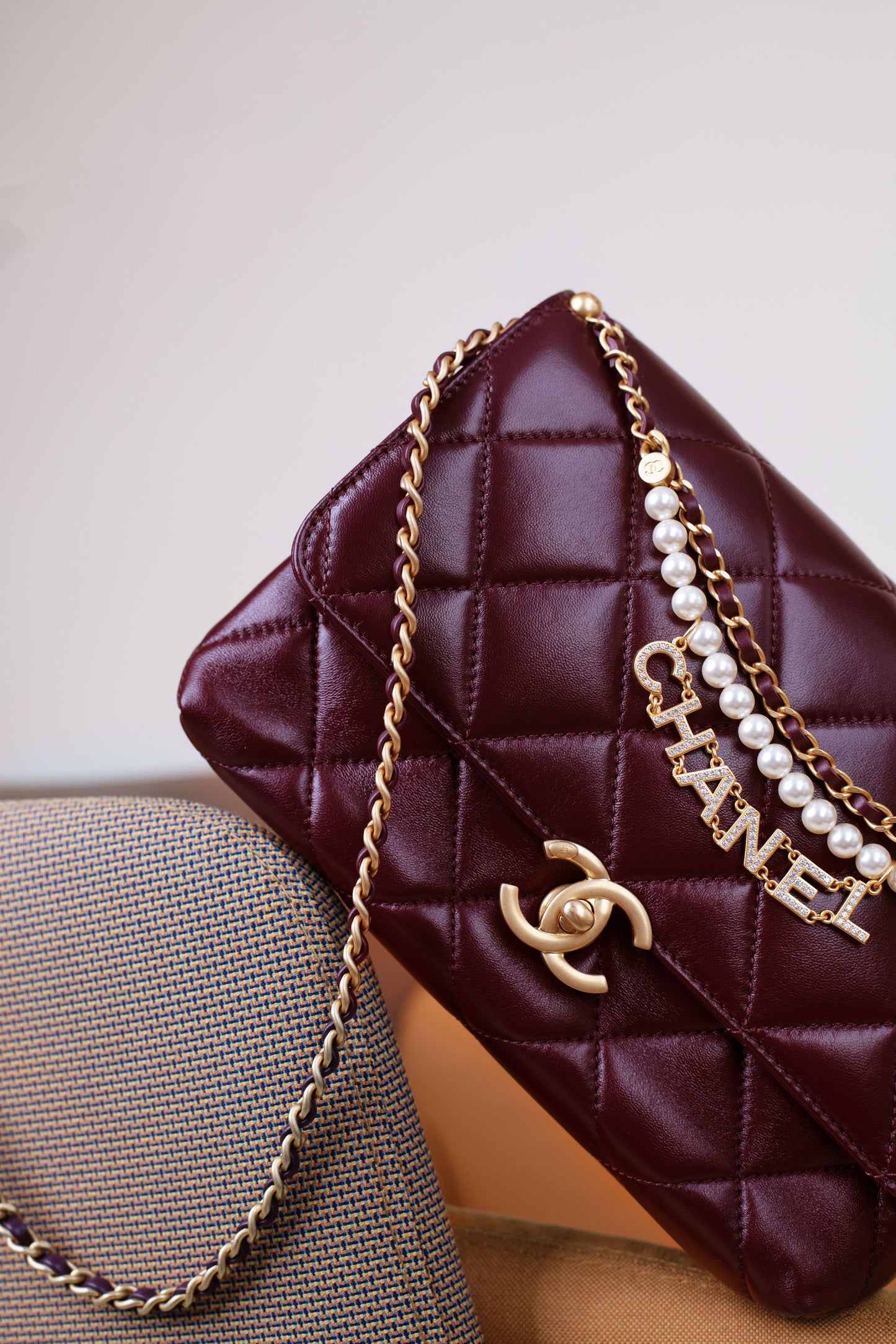 Chanel Medium Burgundy Flap Bag with 'Chanel' Pearl Chain