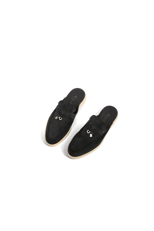 Loro Piana Babouche Mules in Caviar