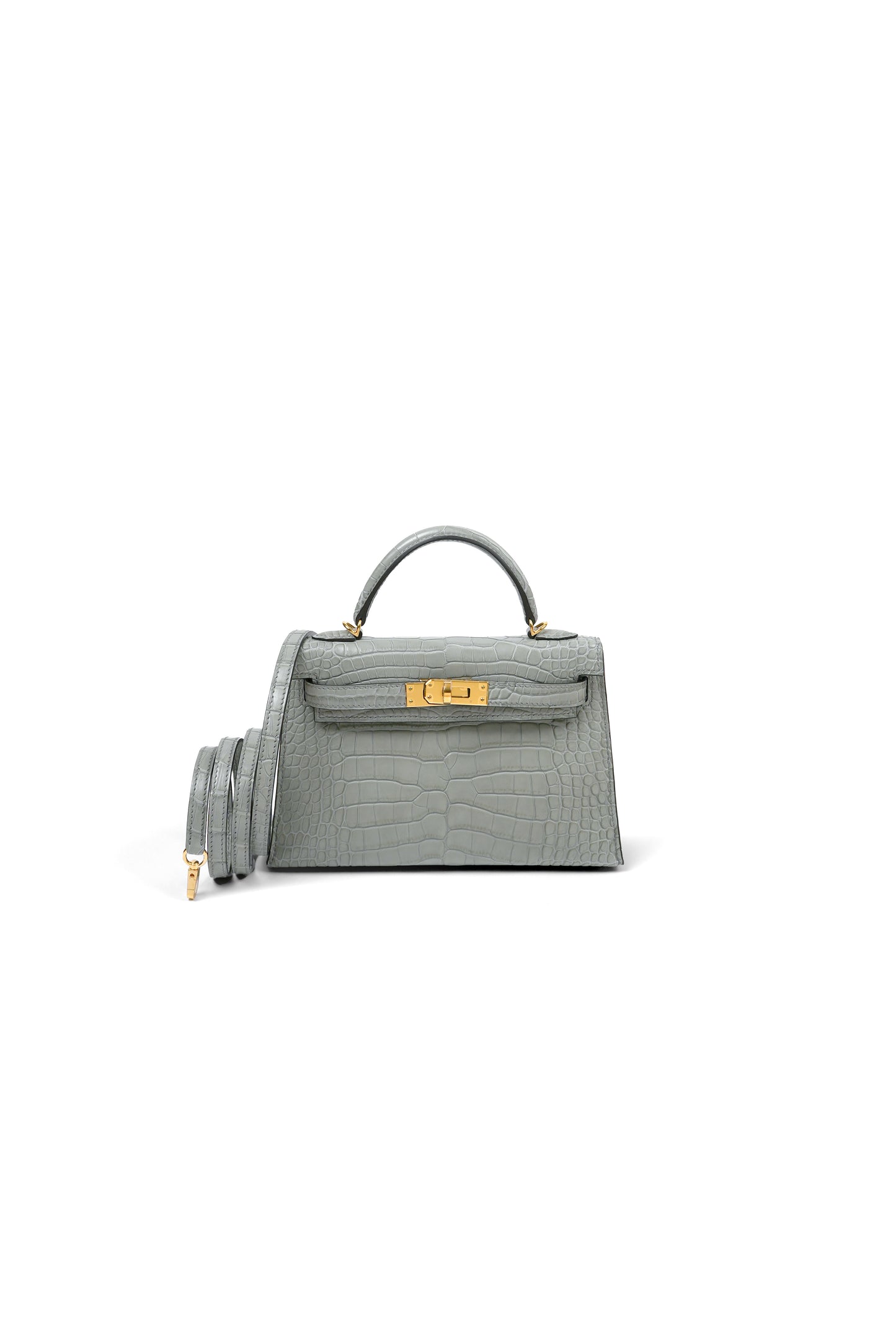 Hermes Mini Kelly Crocodile in Gris Cement with Gold Hardware
