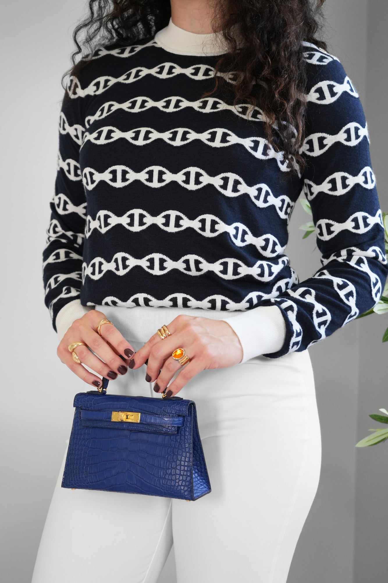 Hermès Mini Kelly Matte Crocodile Blue Sapphire GHW with "Chaine d'Ancre" Long-Sleeve Sweater