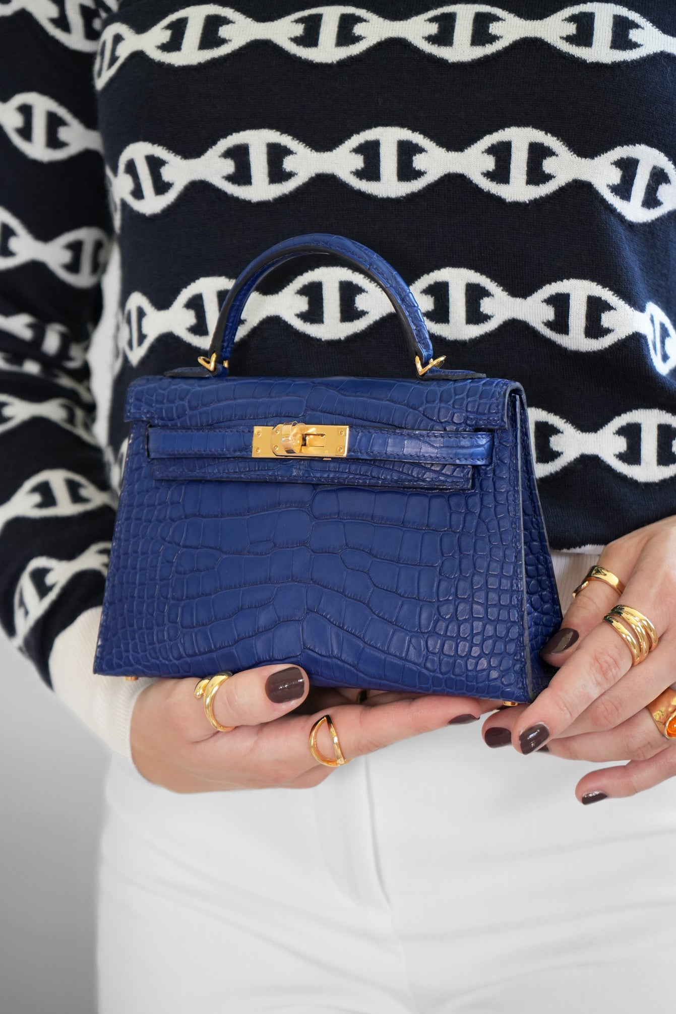 Hermès Mini Kelly Matte Crocodile Blue Sapphire GHW with "Chaine d'Ancre" Long-Sleeve Sweater