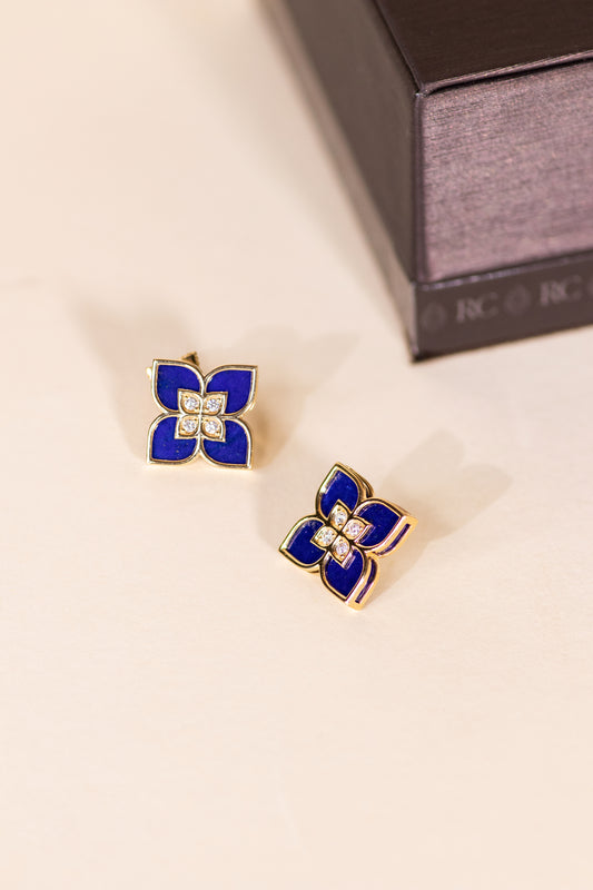 Roberto Coin Princess Flower Earrings Lapis with Yellow Gold