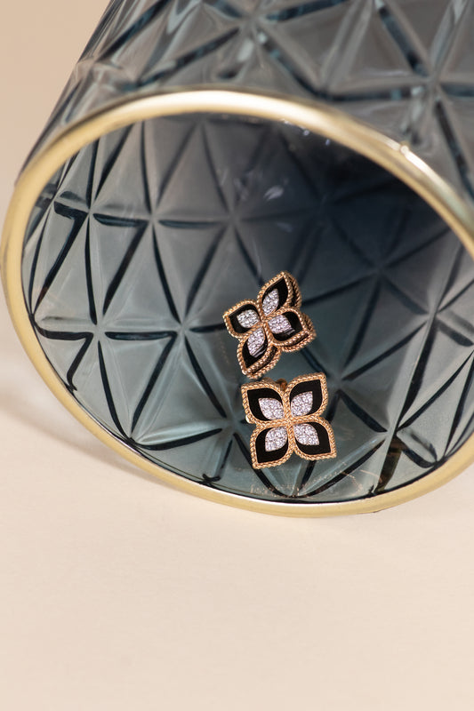 Roberto Coin Princess Flower Black Jade Diamond Rose Gold Large Necklace and Stud Earrings