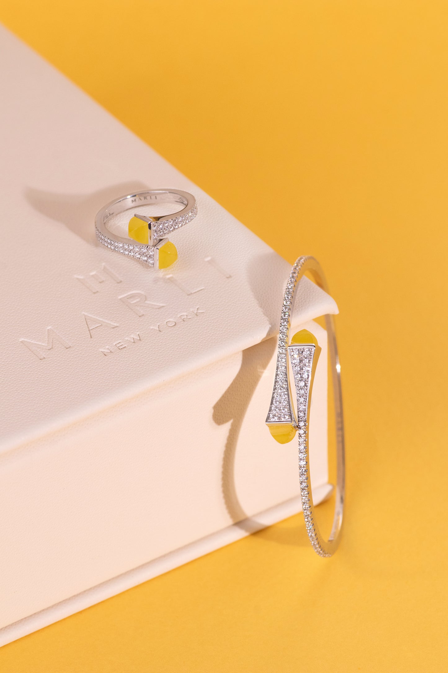 Marli Cleo White Gold Ring & Bangle with Diamonds & Yellow Quartzite Stone
