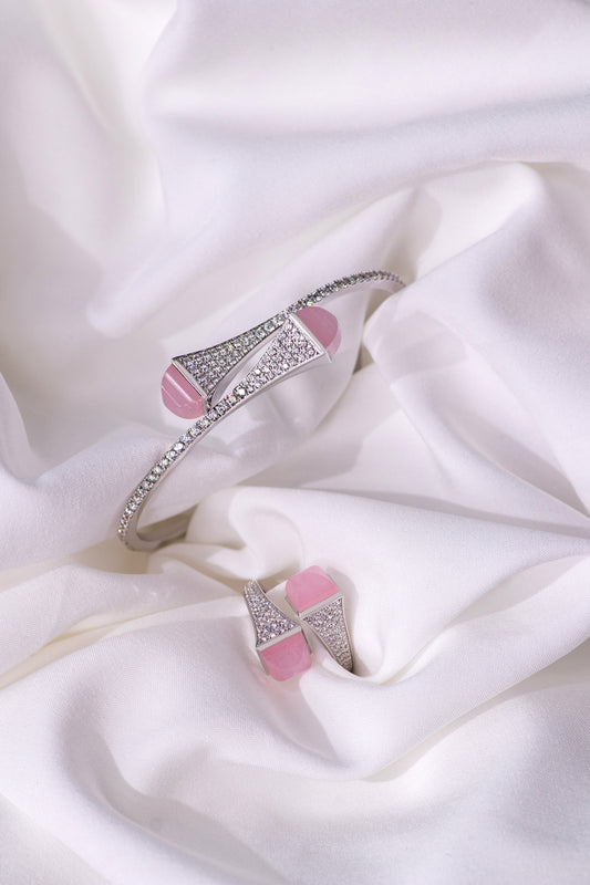 Marli Cleo Slim Slip-On Bracelet & Ring in White Gold Diamond/Pink Quartz