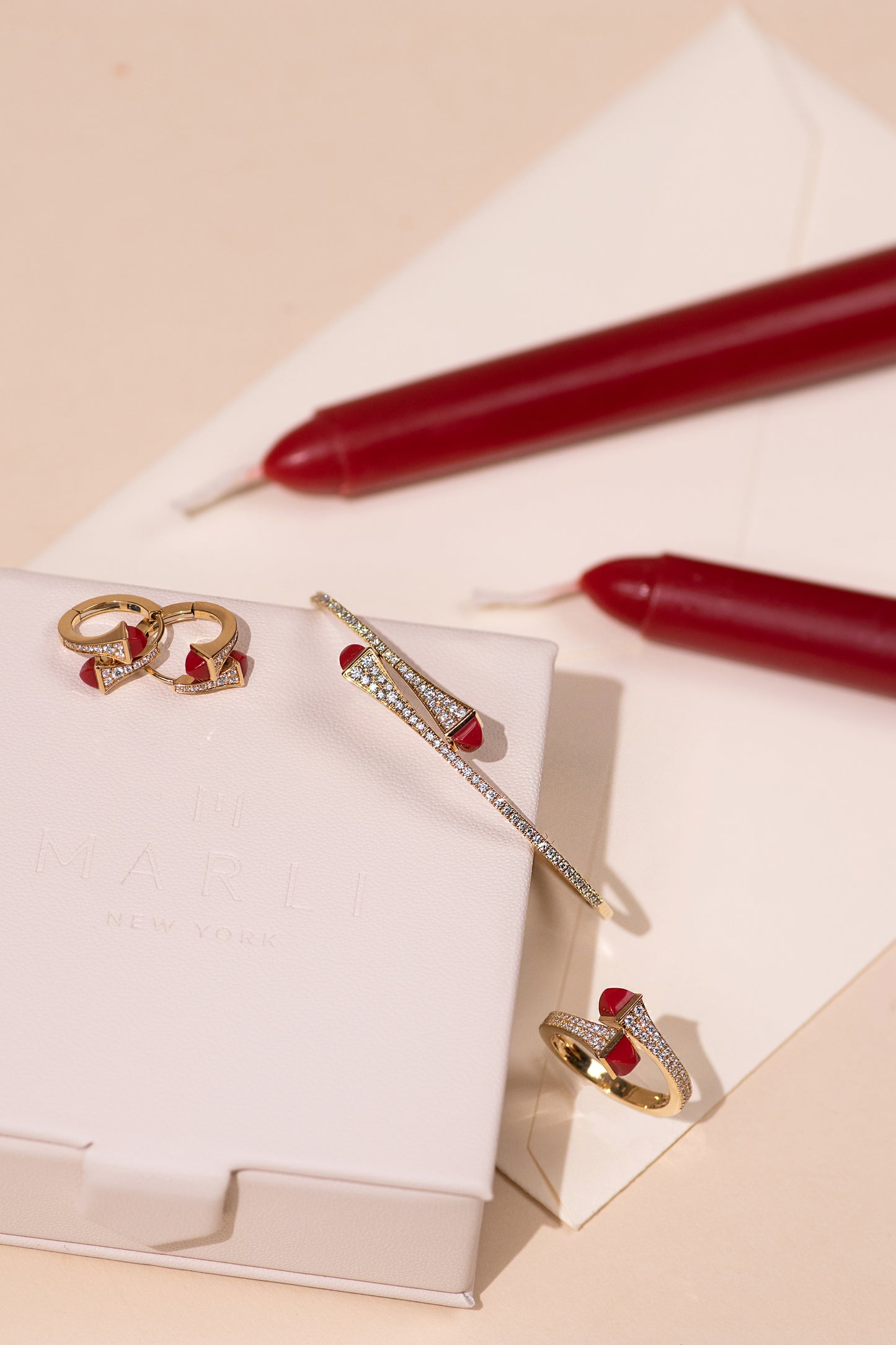 Marli Cleo Slim Slip-On Bracelet with Huggie Earrings & Ring in Yellow Gold Diamond with Red Coral