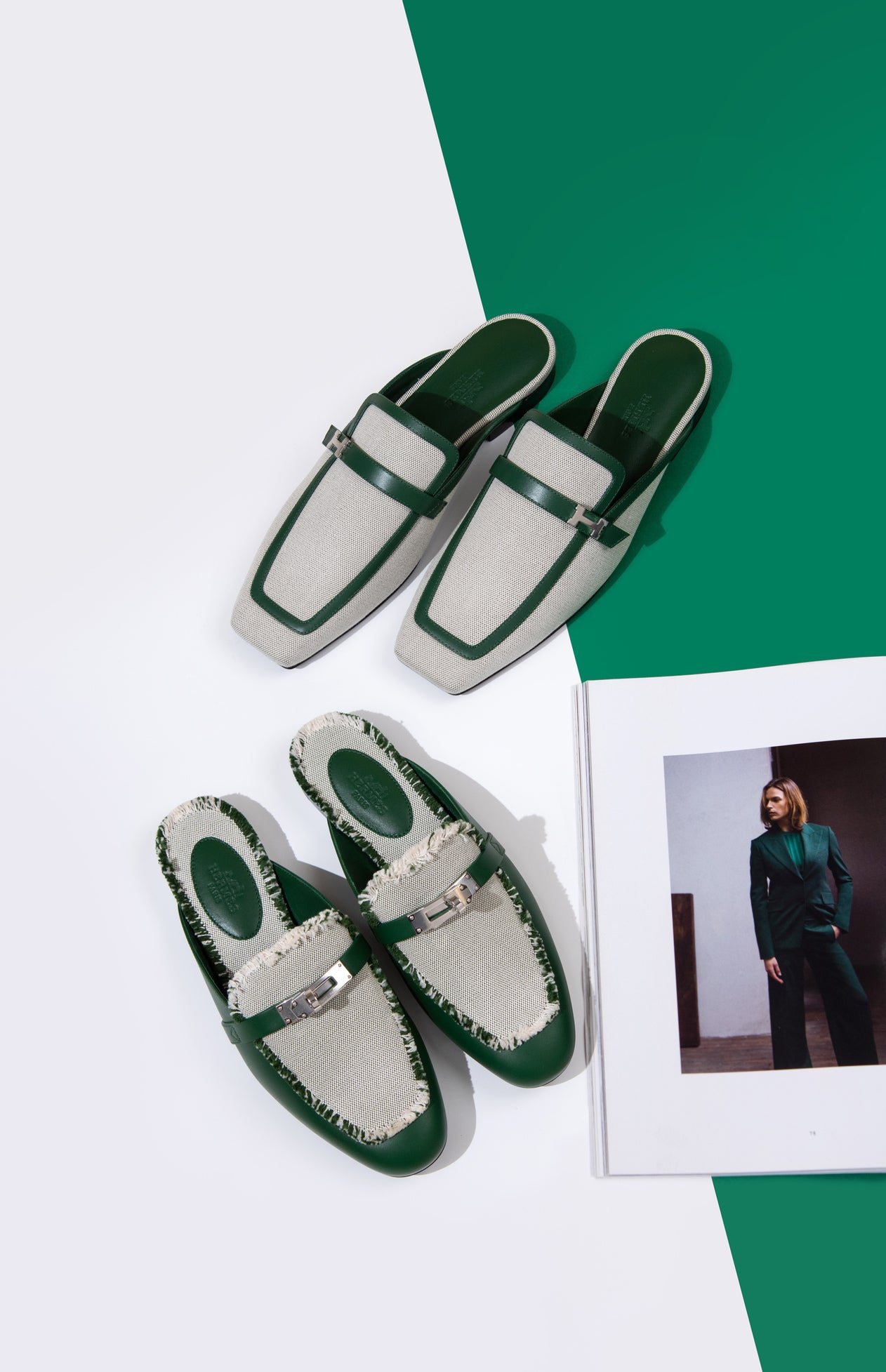 Hermès Groupie Mule & Oz Mule in Vert/Vert Cactus