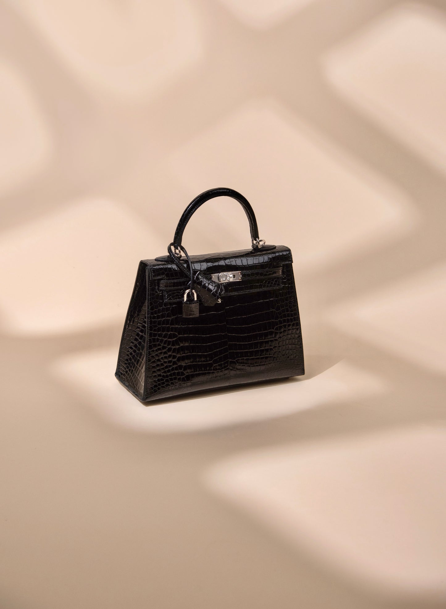 Hermès Kelly 25 Black Shiny Crocodile PHW with Valentino Crepe de Chine Logo Midi Dress