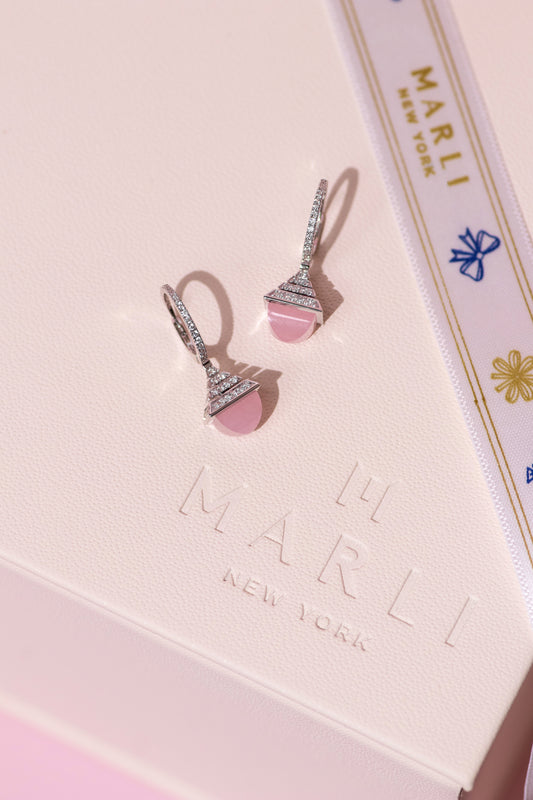Marli Cleo White Gold Rev Luxe Diamond Drop Earrings in Pink Quartzite
