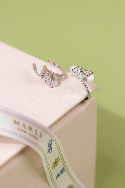 Marli Cleo White Gold Diamond Hoop Earrings in White Agate