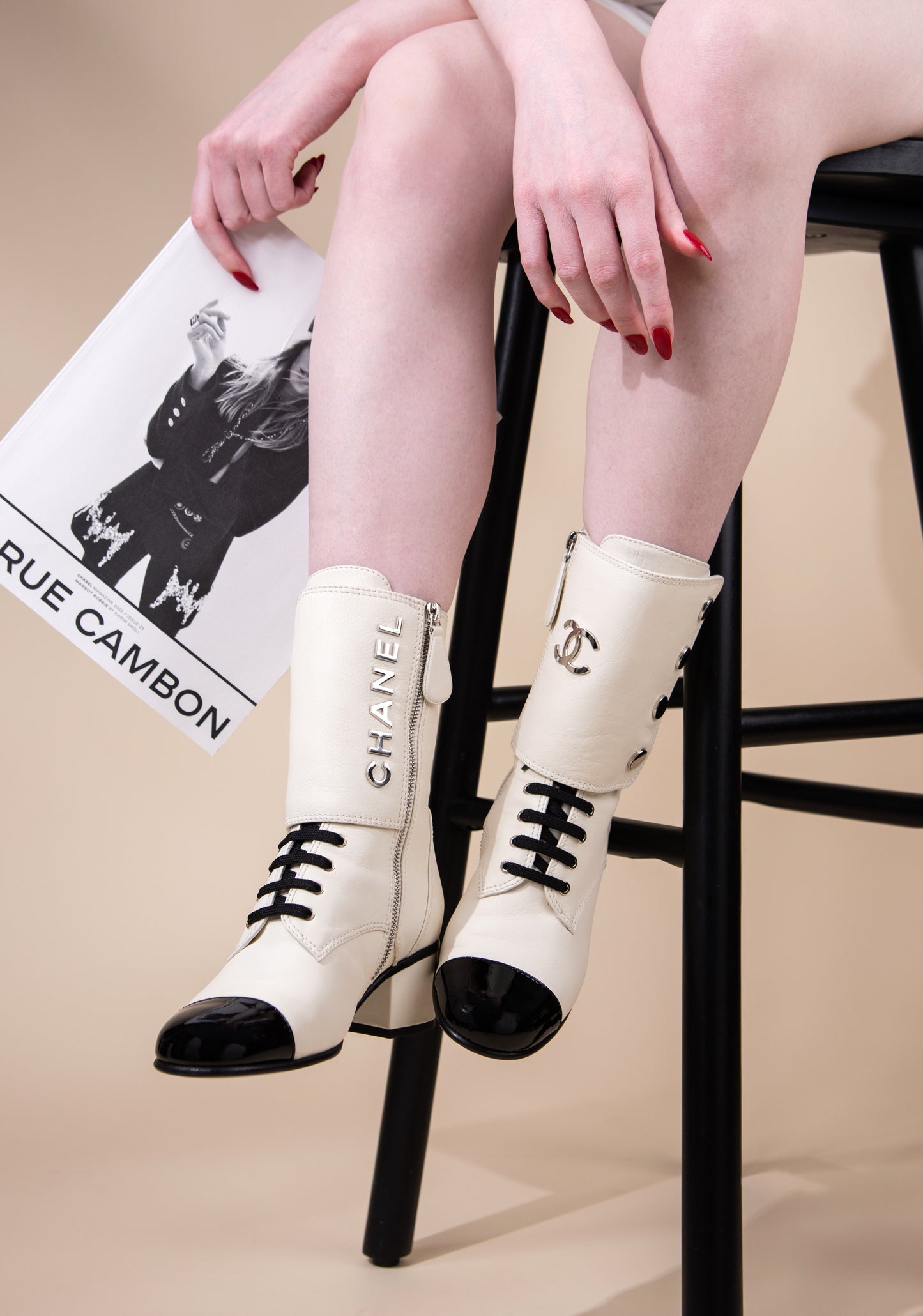 Chanel Leather Lace Up Boots in Ivory/Black