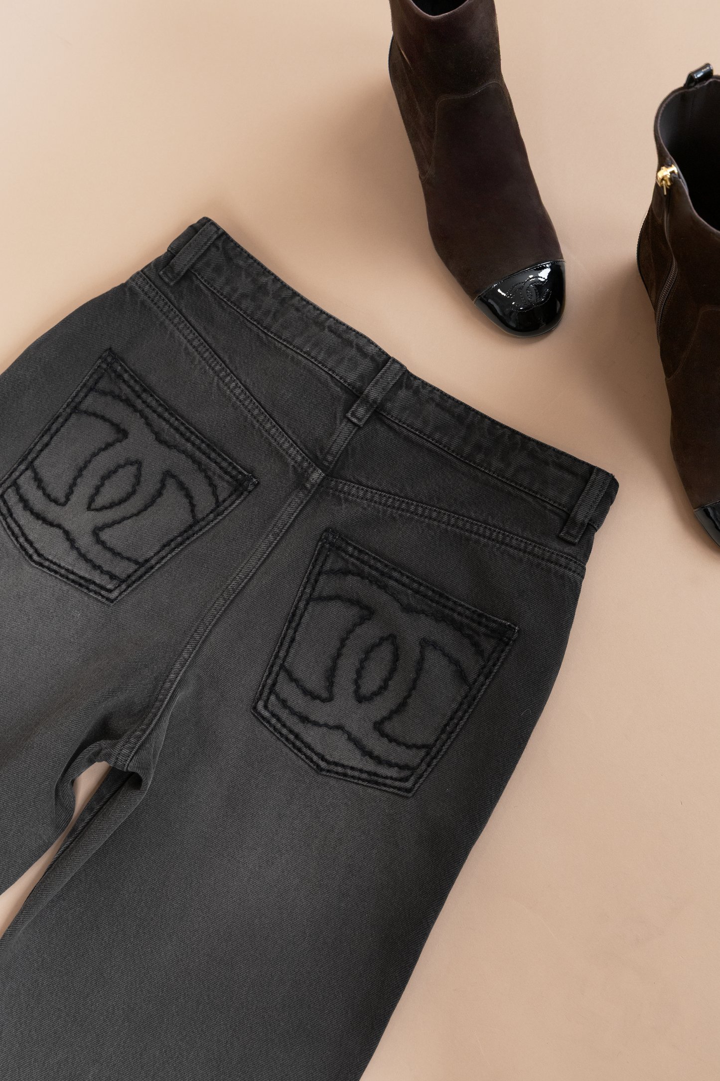 Chanel Black Denim Jeans & Brown Suede Boots