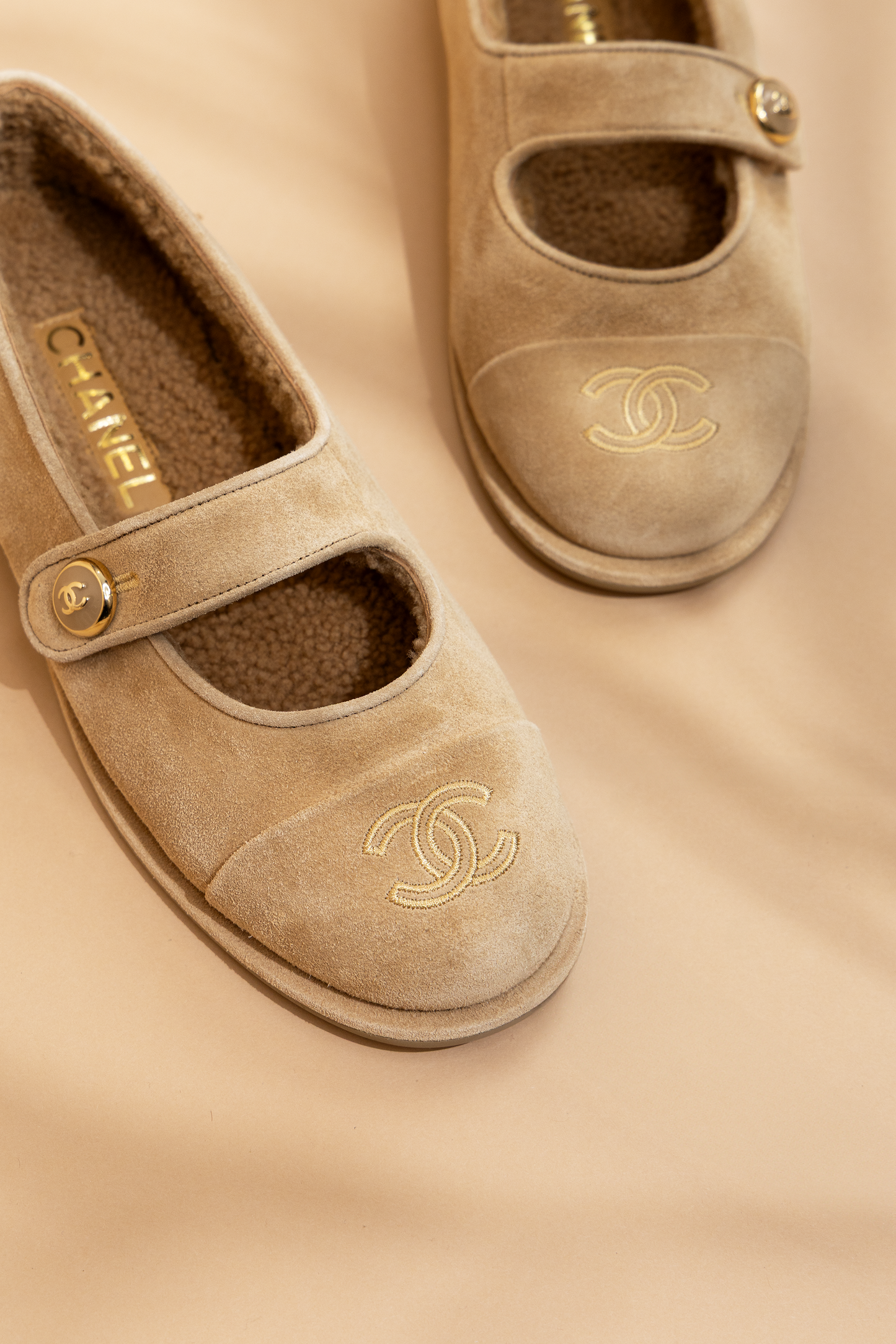 Chanel Beige Shearling Mary Janes