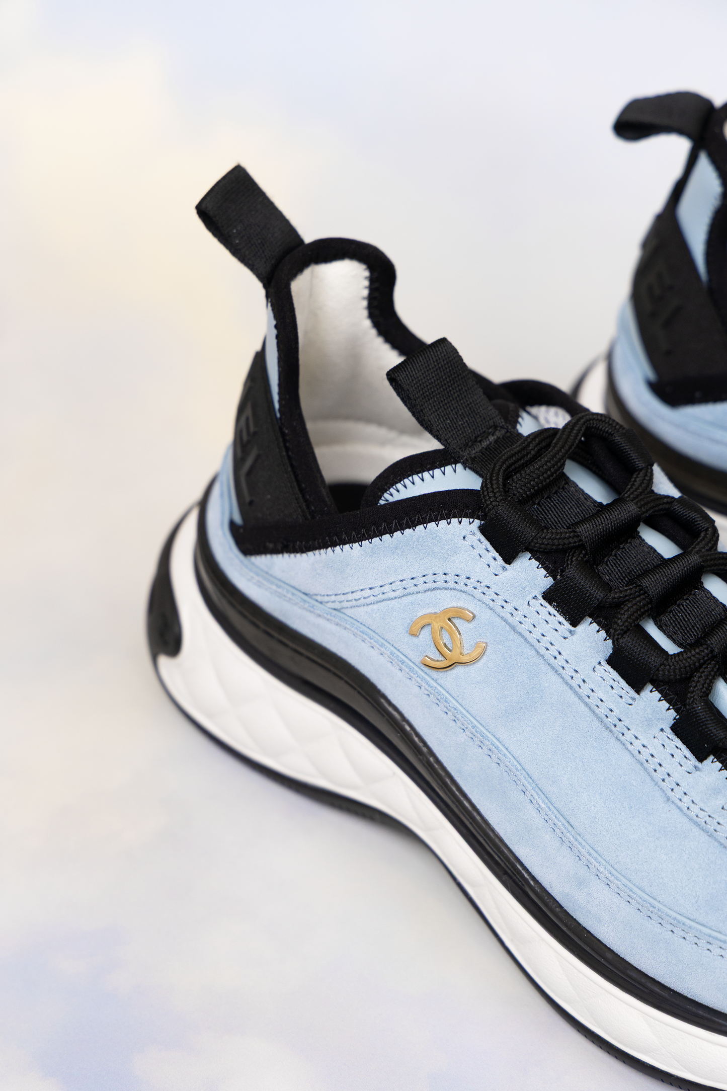 Chanel Suede Calfskin Nylon Grosgrain CC Sneakers in Light Blue/White/Black