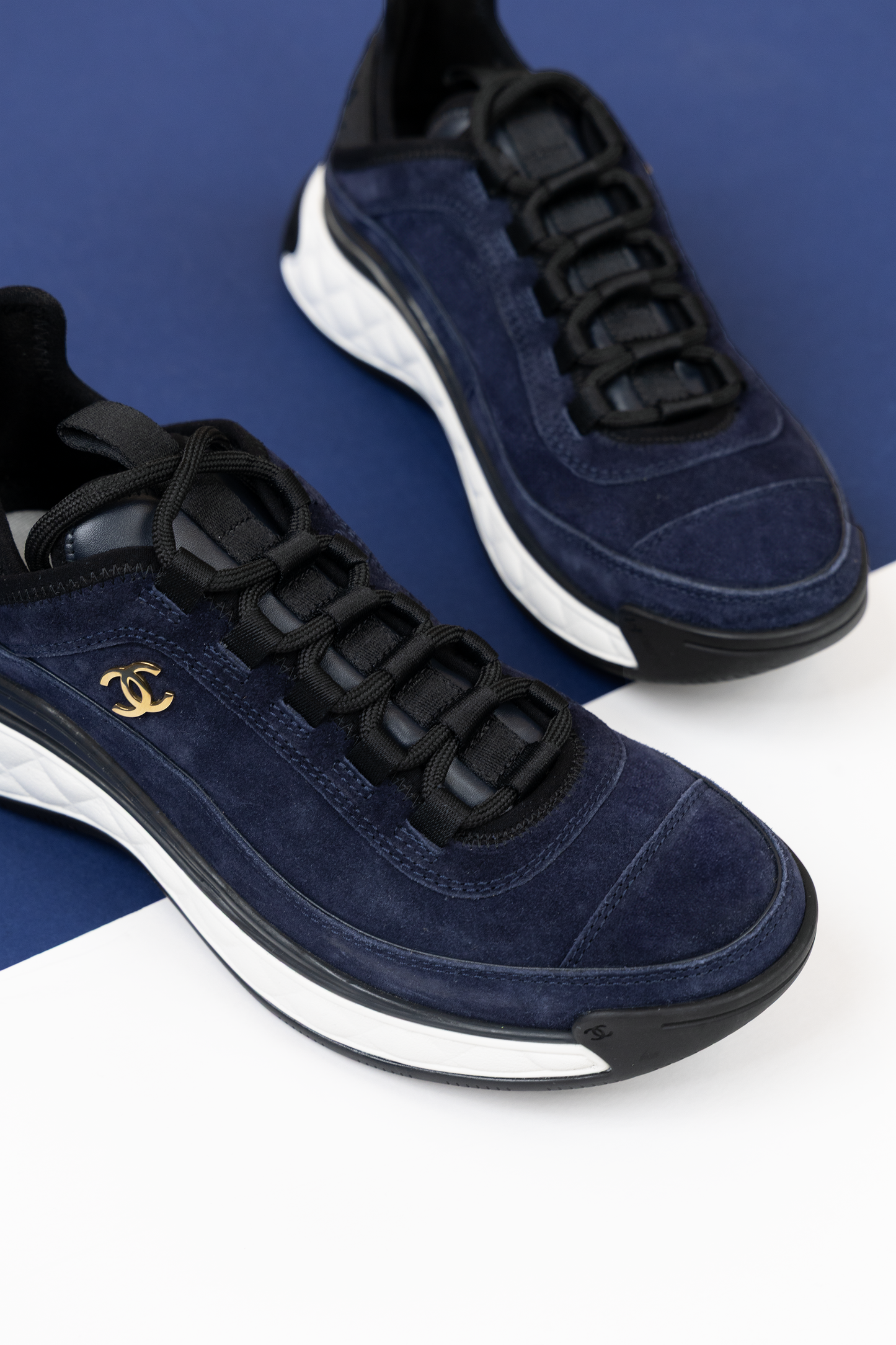 Chanel Suede Calfskin Nylon Grosgrain CC Sneakers in Dark Blue/White/Black