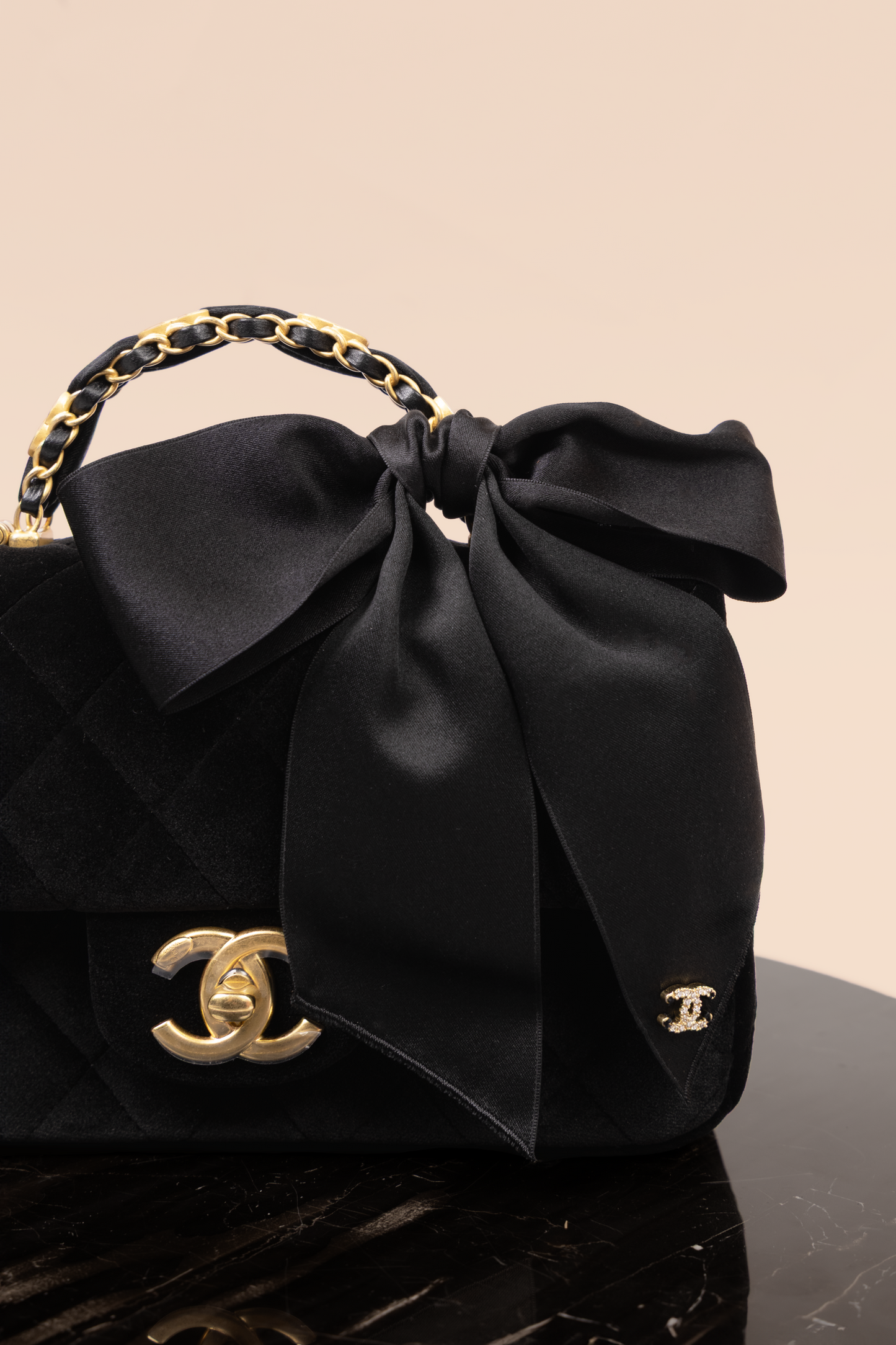 Chanel Black Velvet Bow Flap Bag with Handle