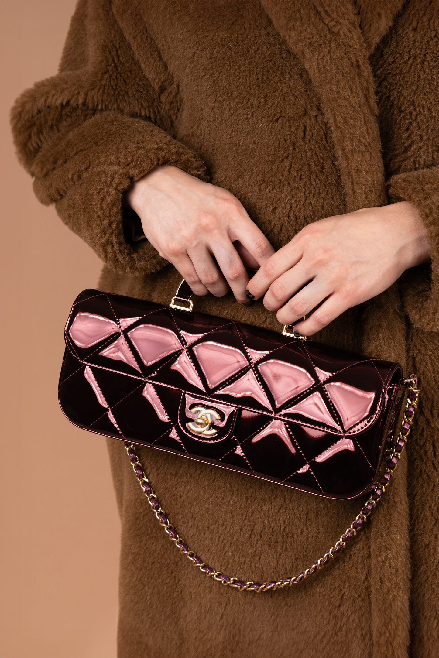 Chanel Large Metallic Mirror Calfskin Flap Bag with Top Handle in Burgundy