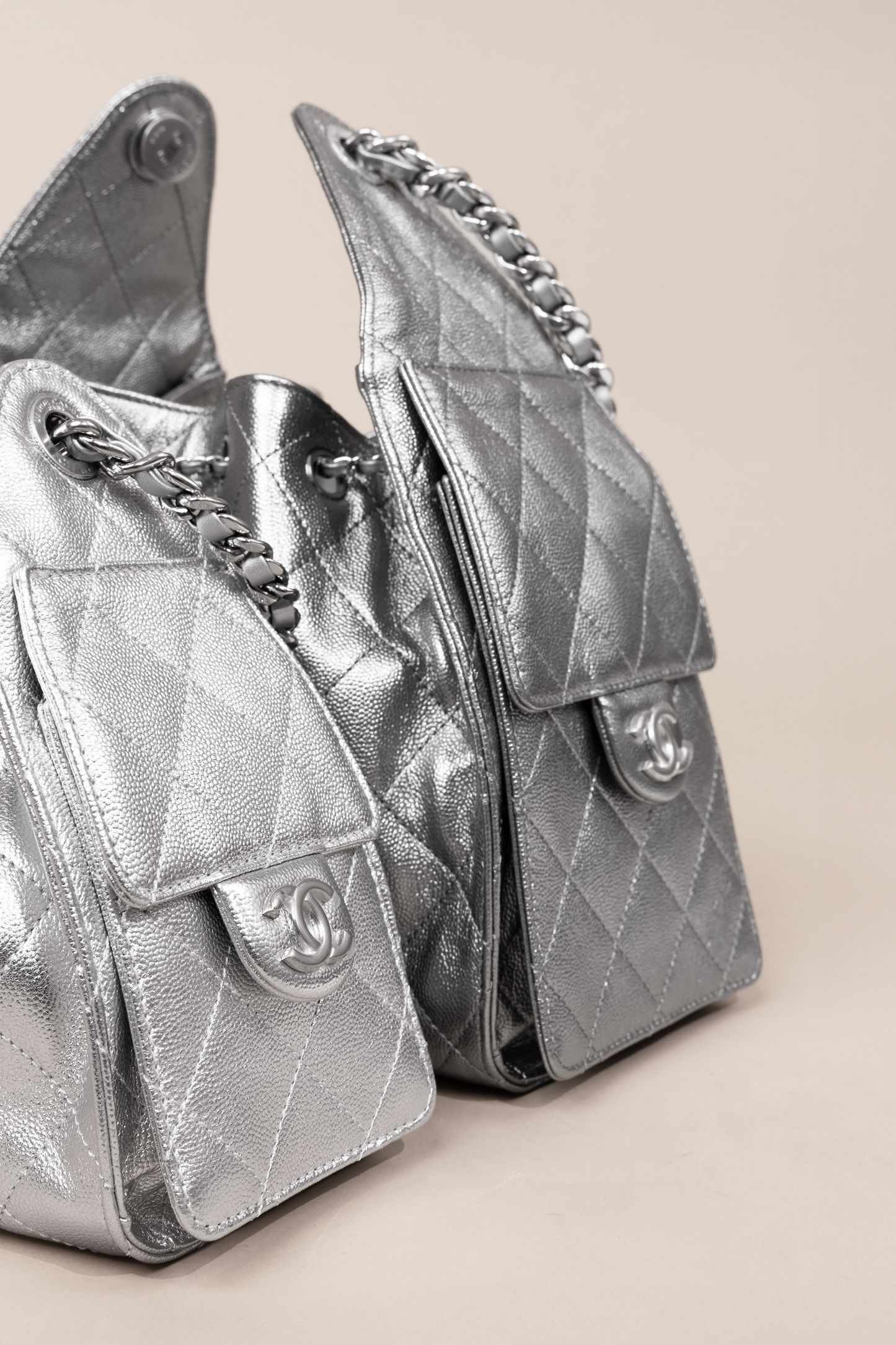 Chanel Hobo Bags in Metallic Silver & Dark Silver