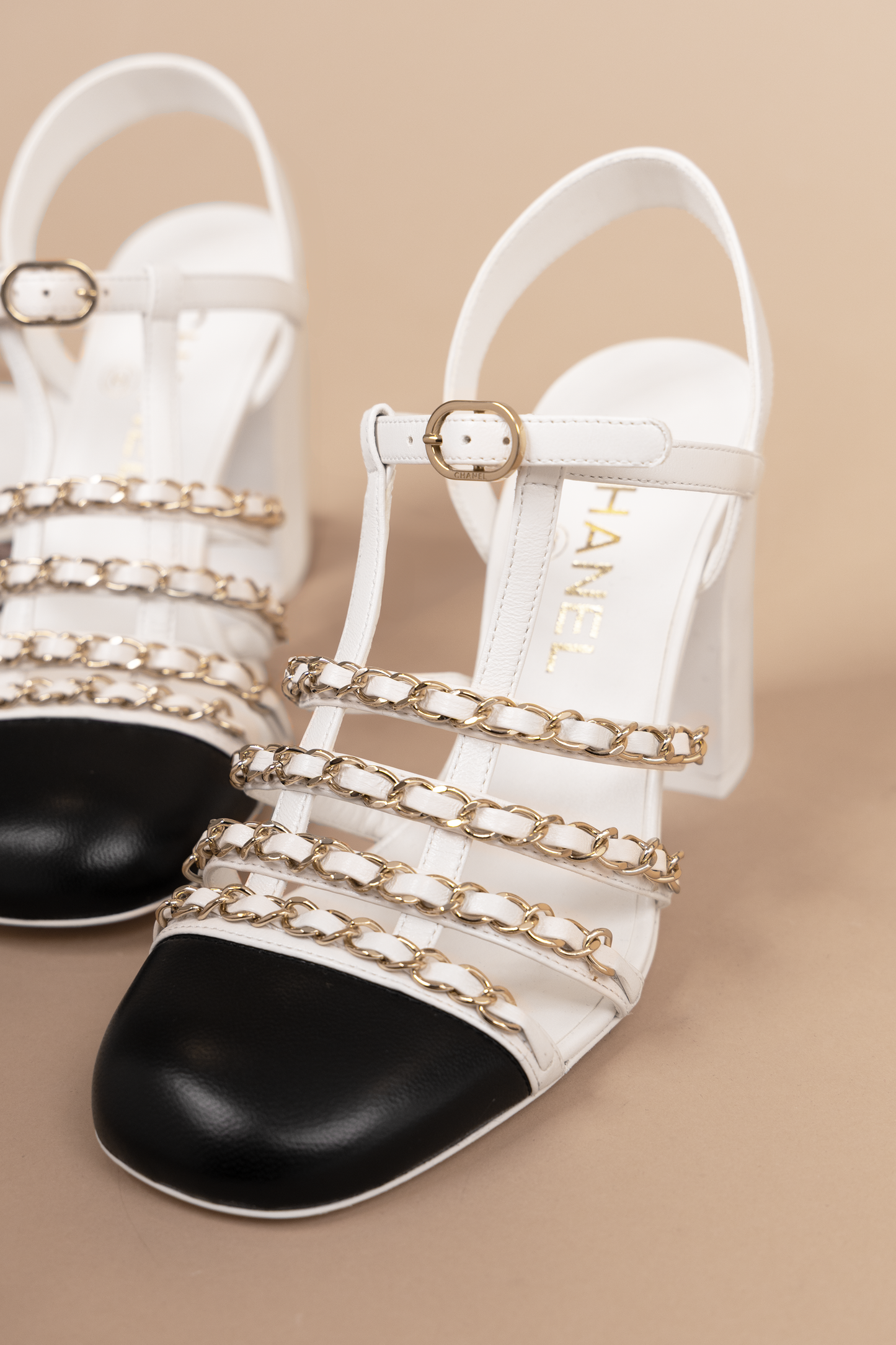 Chanel White Chain Strap Slingbacks