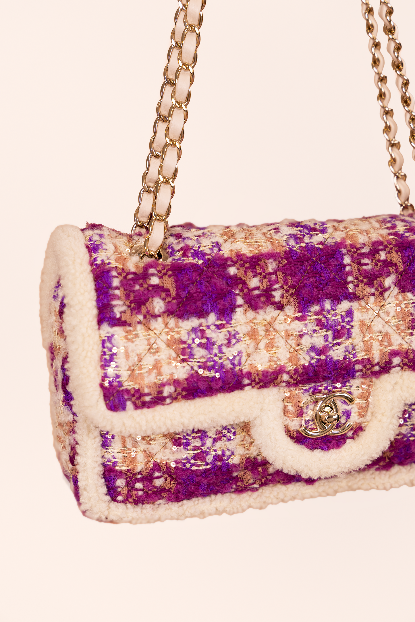 Chanel Large Tweed Shearling Flap Bag in Fuchsia/Pink/Beige/Brown
