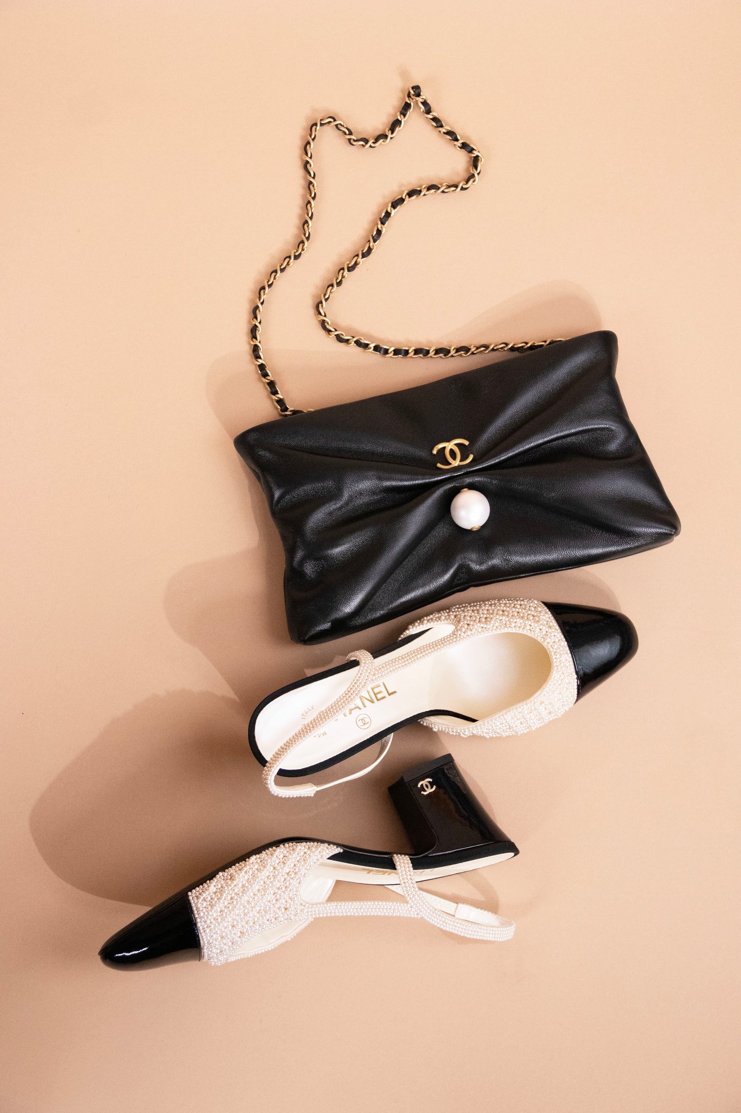 Chanel Black Clutch with Chain & Pearl Embroidered Slingbacks