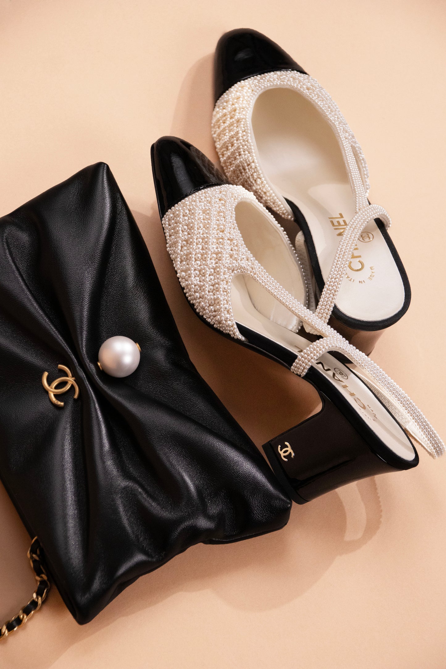 Chanel Black Clutch with Chain & Pearl Embroidered Slingbacks