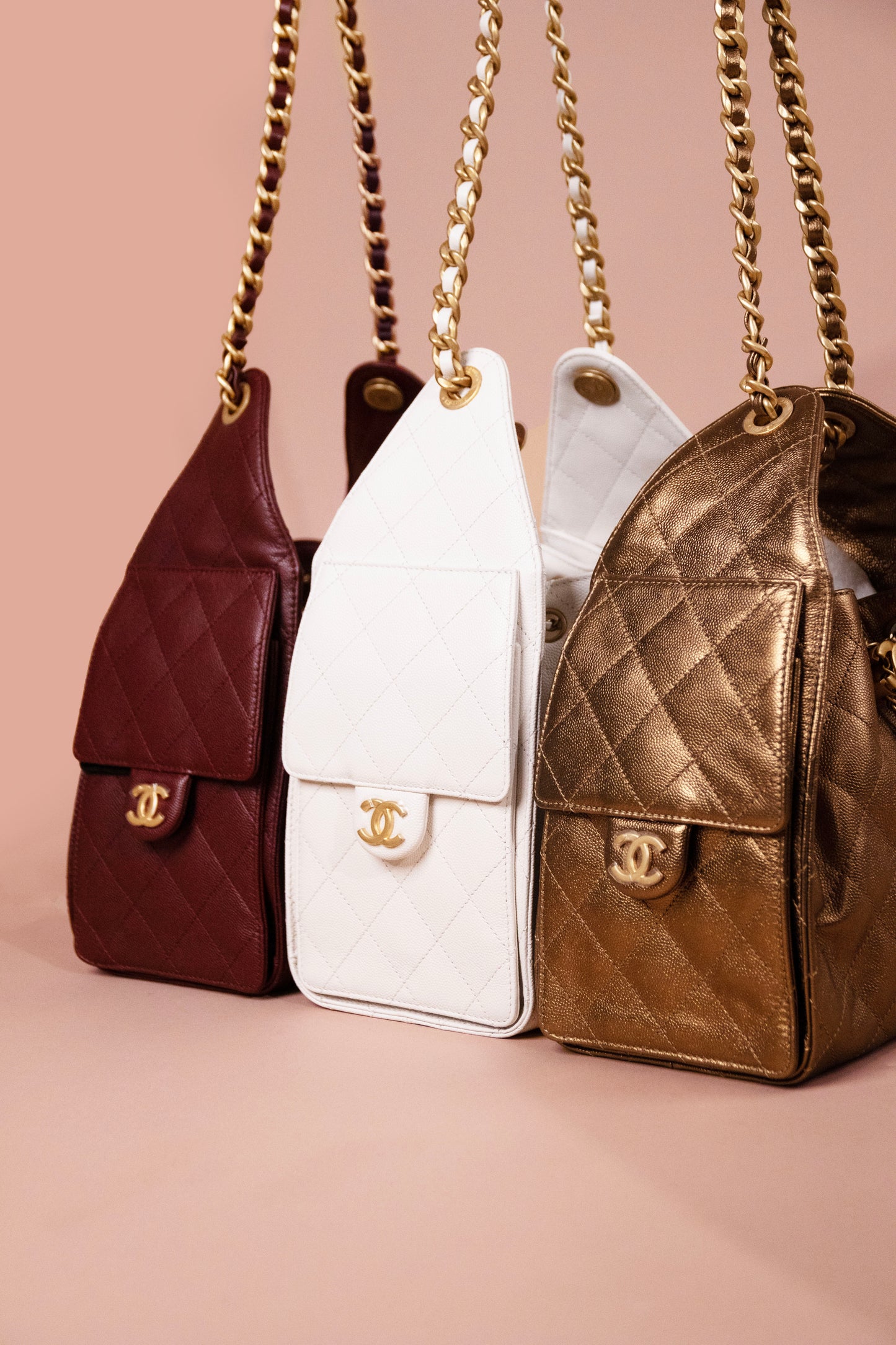 Chanel Hobo 25 Bags in Burgundy, White, & Gold Metallic