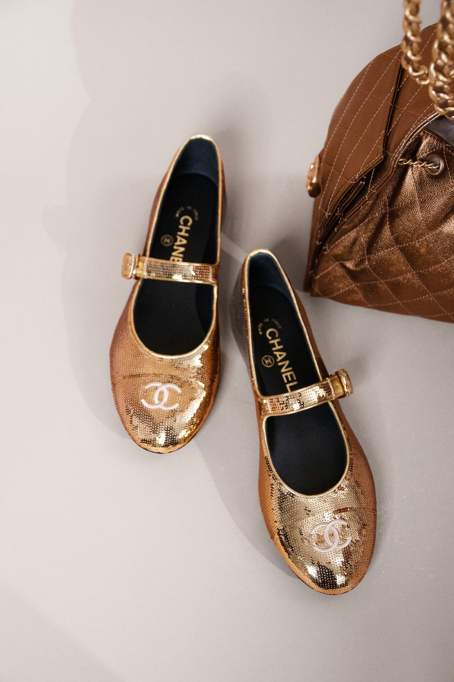 Chanel Gold Sequins Mary Janes